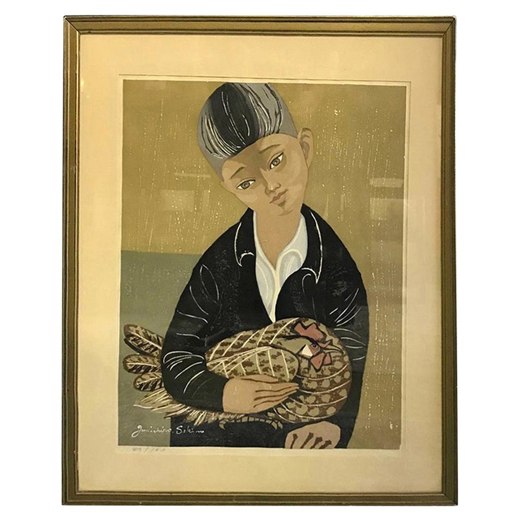 Junichiro Sekino Signed Limited Edition Japanese Woodblock Print Boy and Rooster