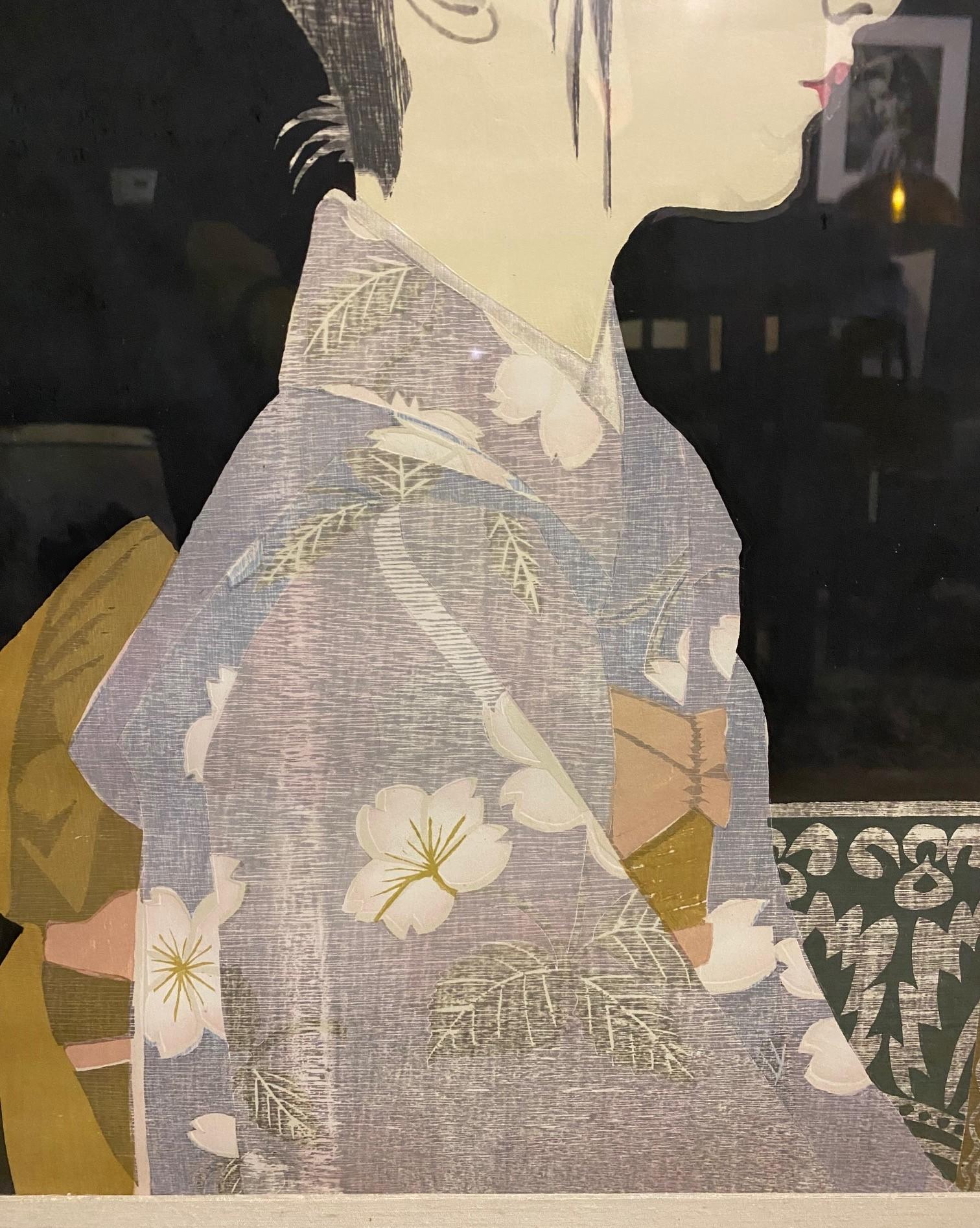Mid-20th Century Junichiro Sekino Signed Limited Edition Japanese Woodblock Print Girl in Kimono For Sale