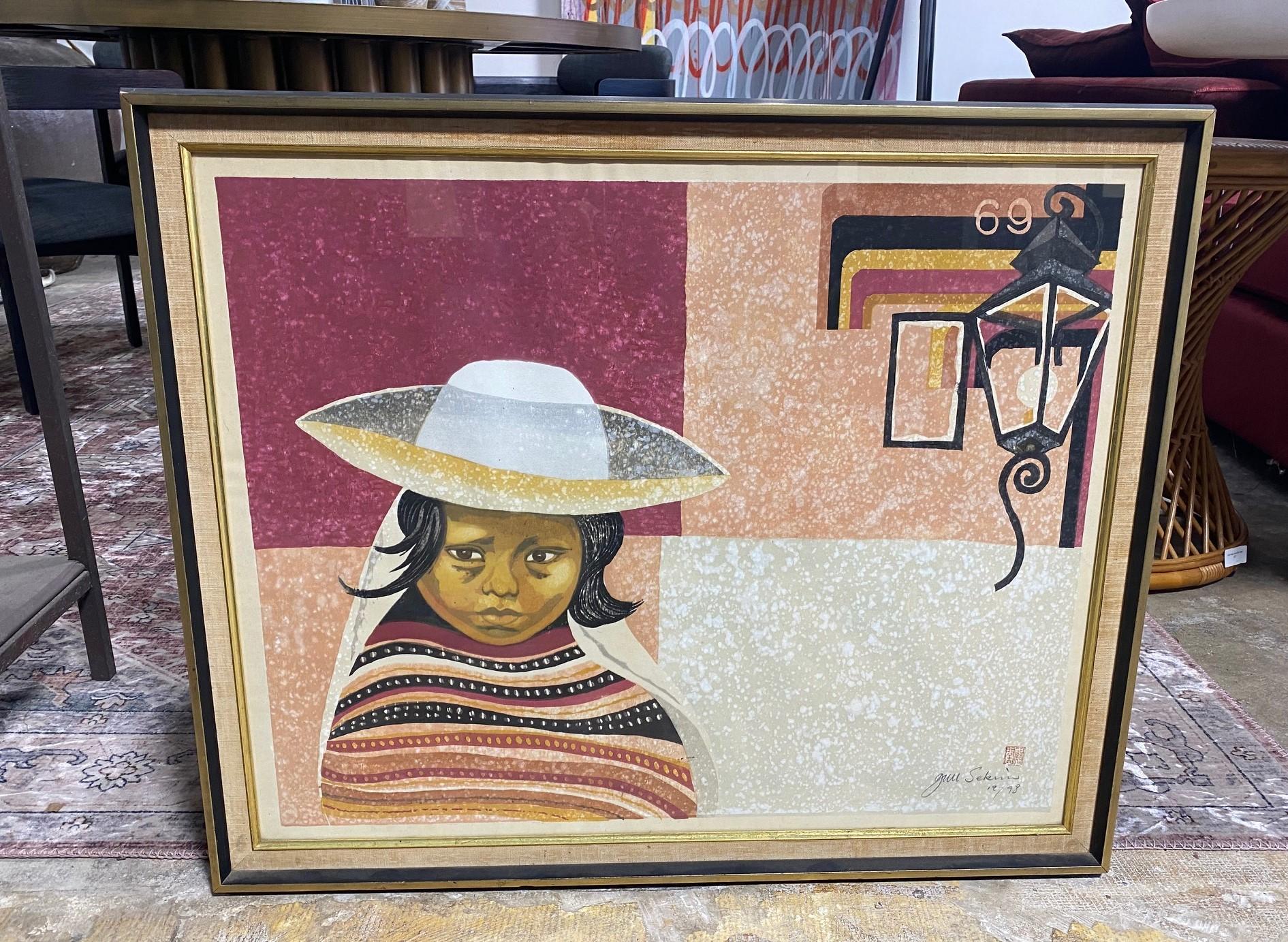 A truly wonderful and extremely rare limited edition woodblock print by famed Japanese artist Junichiro Sekino
This print of a pensive young girl dressed in a poncho and hat (likely in Mexico or Central/ South America) is hand pencil signed, sealed/