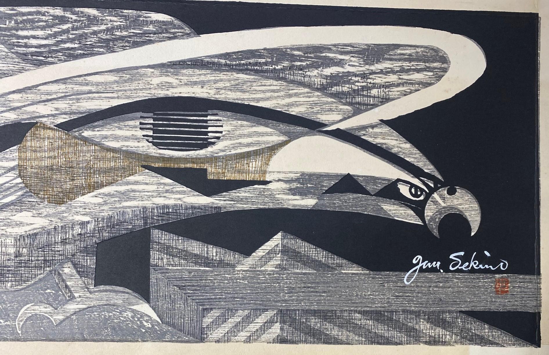 Junichiro Sekino Signed Limited Edition Japanese Woodblock Print of Eagle Hawk In Good Condition For Sale In Studio City, CA