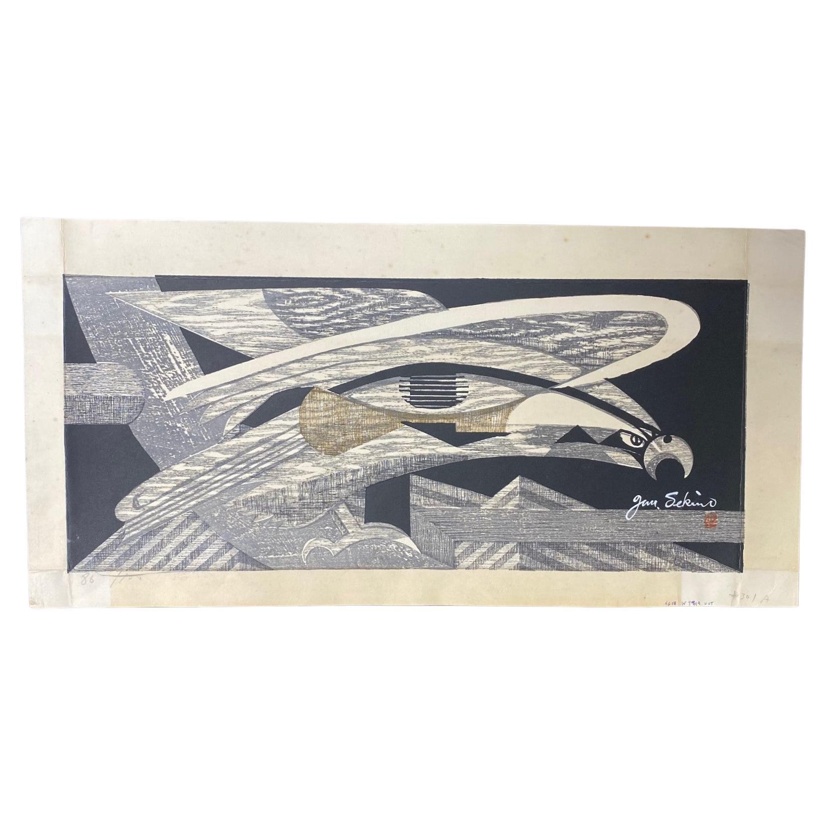 Junichiro Sekino Signed Limited Edition Japanese Woodblock Print of Eagle Hawk For Sale