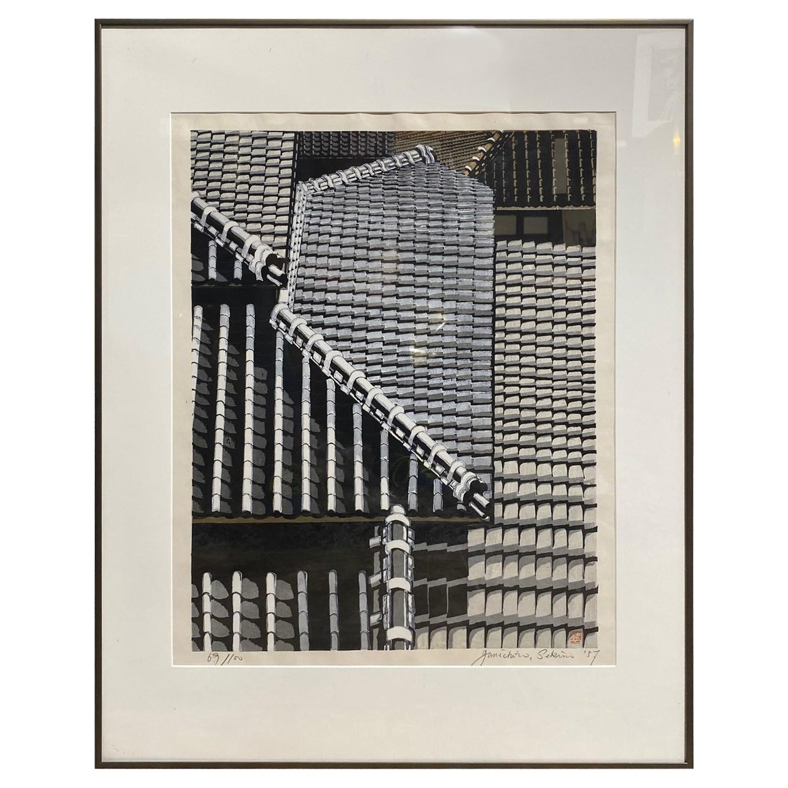 Junichiro Sekino Signed Limited Edition Japanese Woodblock Print Rooftop Tiles