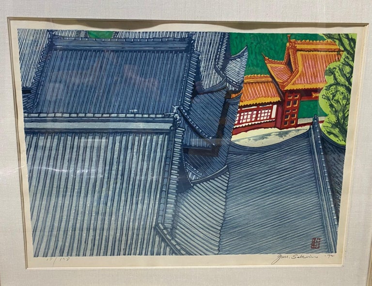 Showa Junichiro Sekino Signed Limited Edition Japanese Woodblock Print Rooftop View For Sale