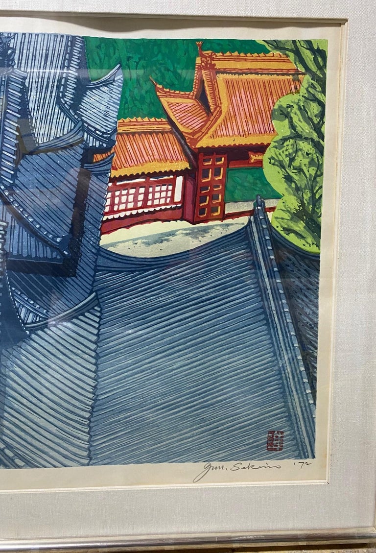 Junichiro Sekino Signed Limited Edition Japanese Woodblock Print Rooftop View In Good Condition For Sale In Studio City, CA