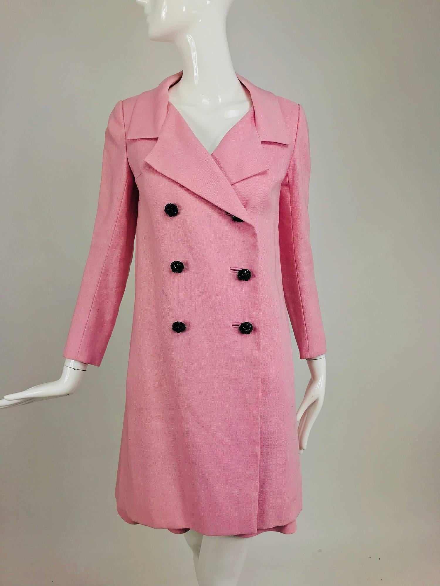 A Junior Sophisticates Original black paillette and pink linen dress and coat set from the 1960s designed by Anne Klein. Junior Sophisticates was started in 1948 by husband and wife Ben and Anne Klein, sophisticated designs for petite women in