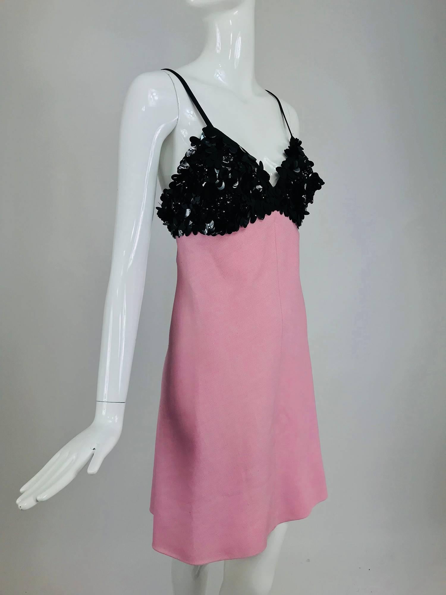 Brown Junior Sophisticates Black Paillette and Pink Linen Dress and Coat 1960s