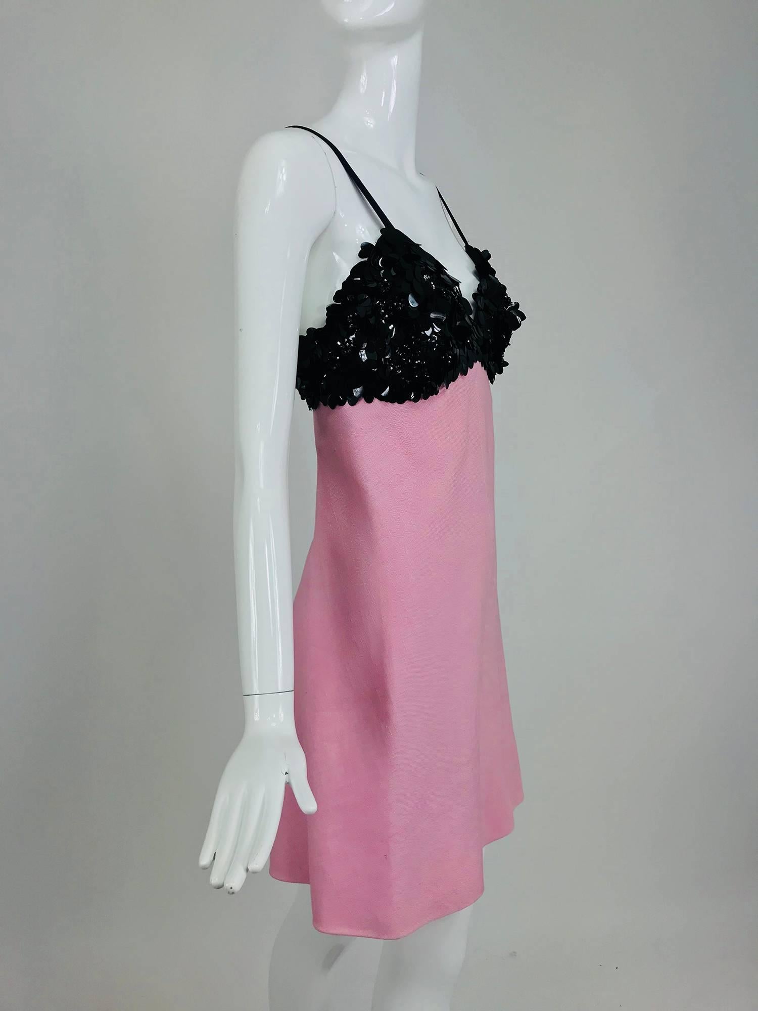 Junior Sophisticates Black Paillette and Pink Linen Dress and Coat 1960s In Good Condition In West Palm Beach, FL