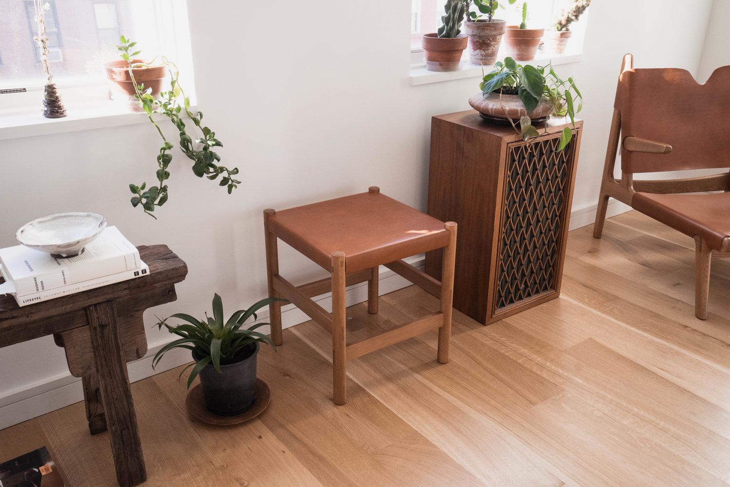 Chinese Juniper Stool by Sun at Six, Sienna Minimalist Stool in Wood and Leather For Sale