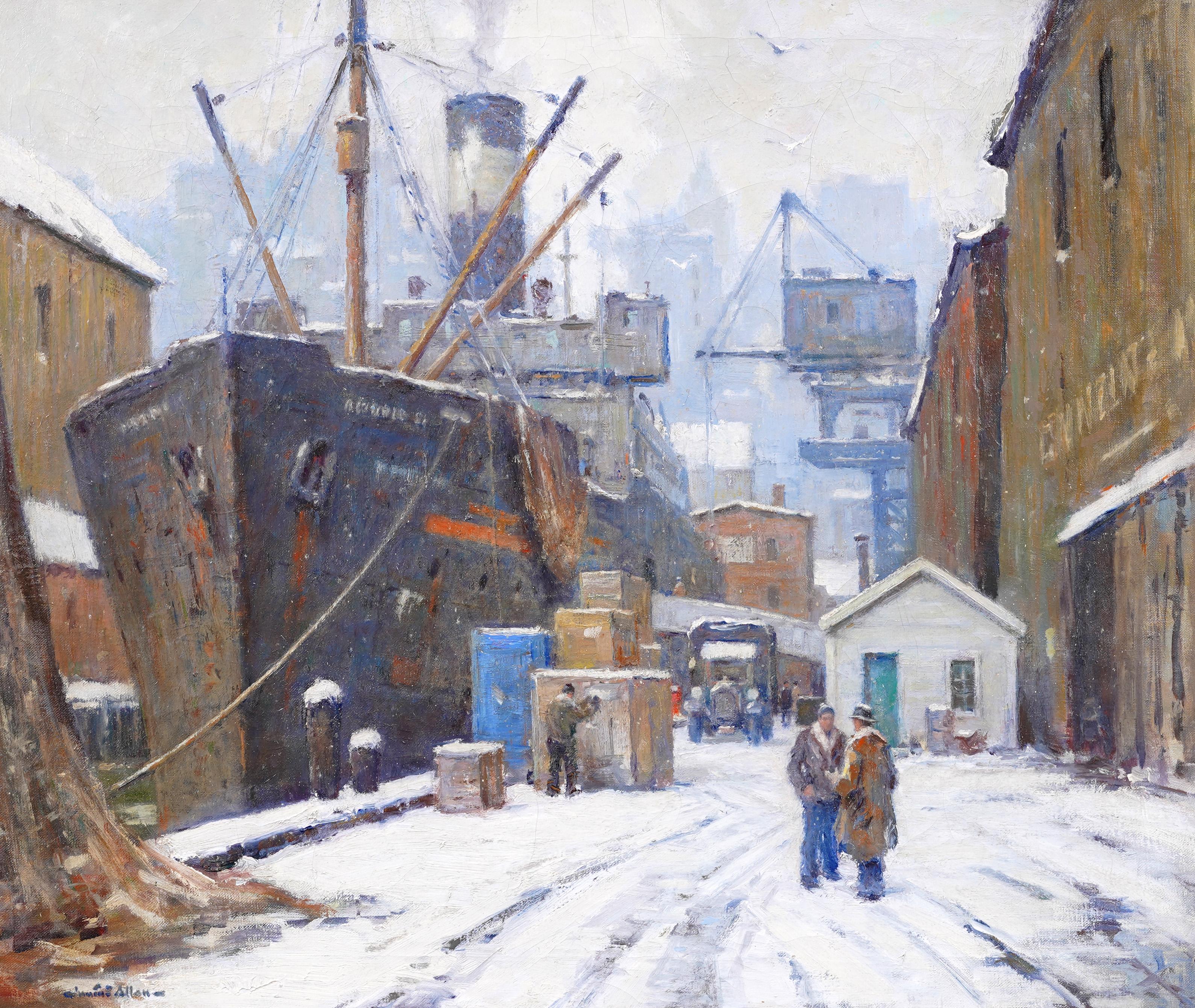 Importante ed esposta scena di porto impressionista americana di Junius Allen (1898 - 1962).  Olio su tela.  Incorniciato.  Firmato.  Dimensioni dell'immagine: 25 x 30 pollici.  