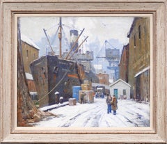 „Unloading the Freight“ Antike amerikanische impressionistische ausgestellte Dock-Szene