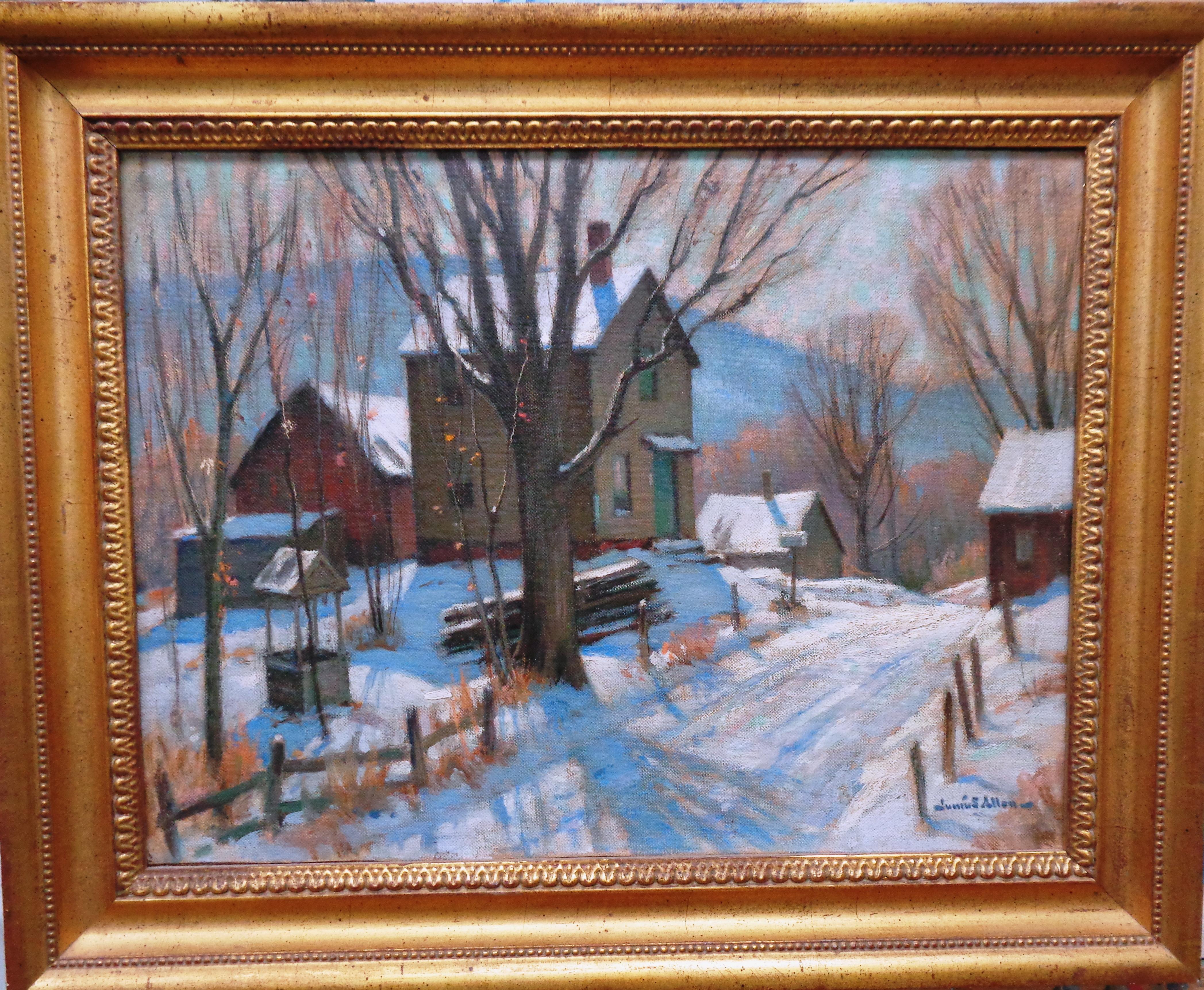 The Upland Road  oil on canvas  image is 12 x 16 Salmagundi Club Exhibition Label.
Painting is in as purchased condition  and has been relined. Frame shows minor wear.
Junius Allen, N.A. ( 1898-1962) was considered one of the most promising artists