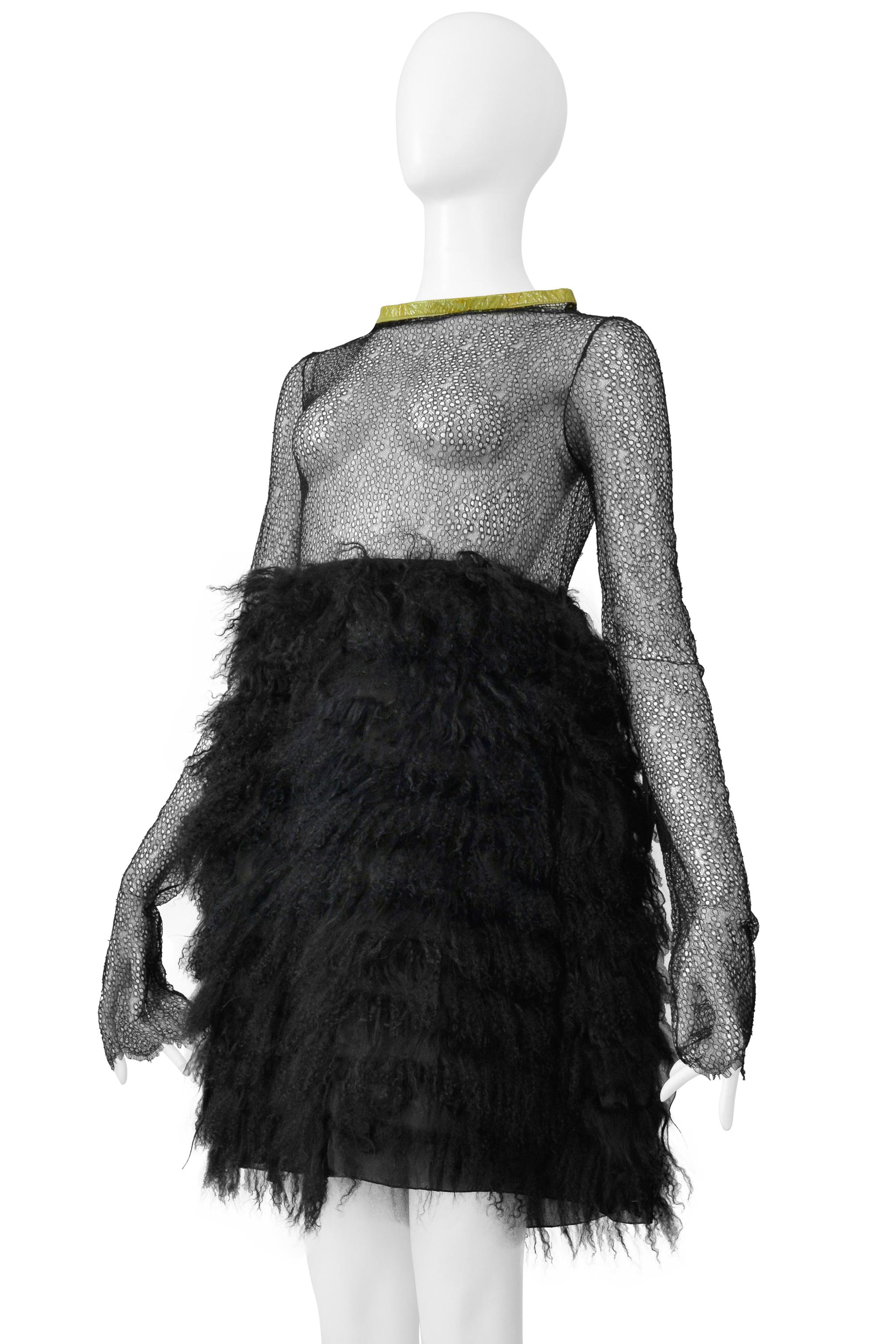 Junko Shimada Black Mesh & Shearling Mini Dress With Yellow Patent Trim Collar In Excellent Condition For Sale In Los Angeles, CA
