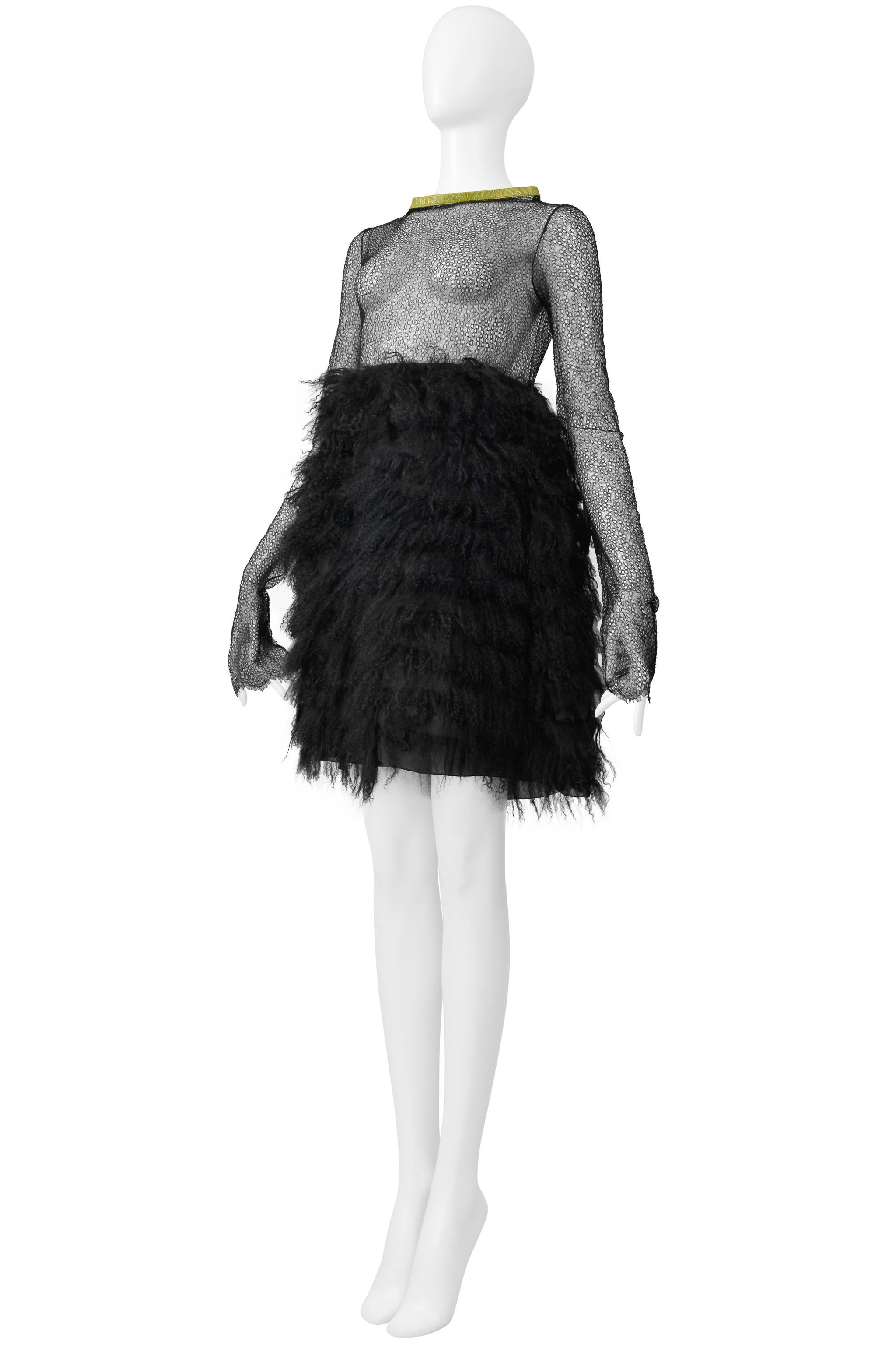 Women's Junko Shimada Black Mesh & Shearling Mini Dress With Yellow Patent Trim Collar For Sale