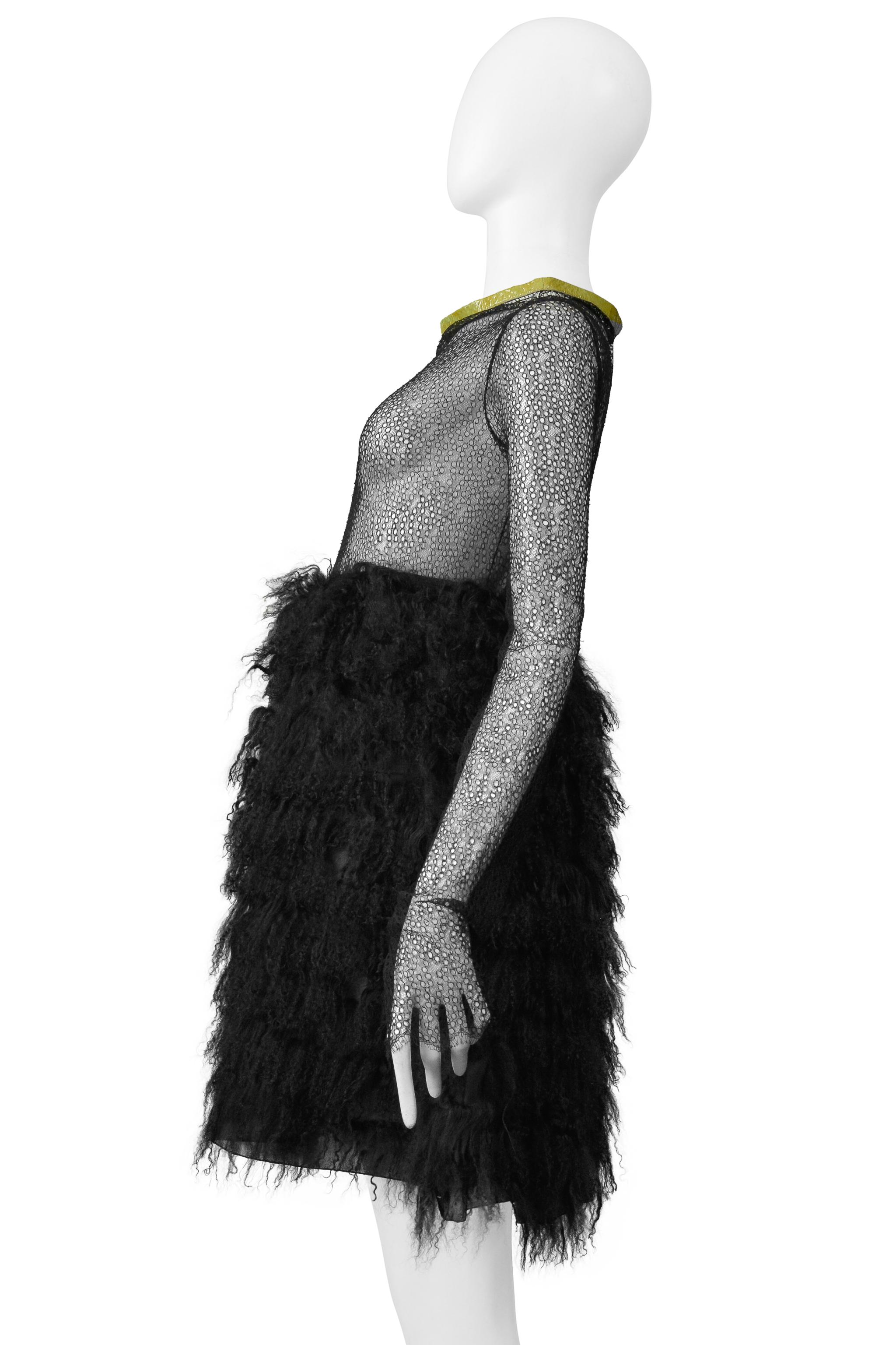 Junko Shimada Black Mesh & Shearling Mini Dress With Yellow Patent Trim Collar For Sale 1