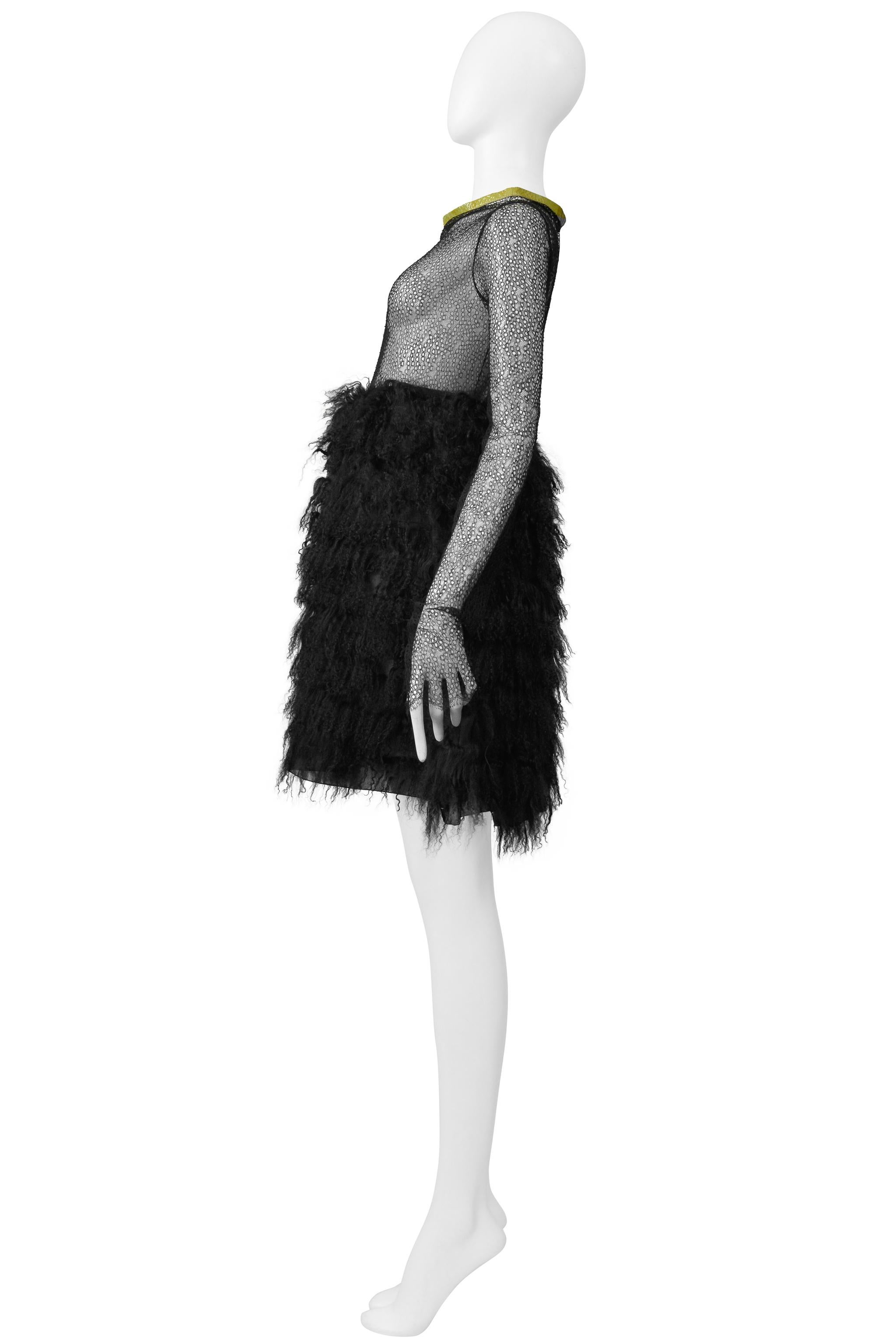 Junko Shimada Black Mesh & Shearling Mini Dress With Yellow Patent Trim Collar For Sale 2