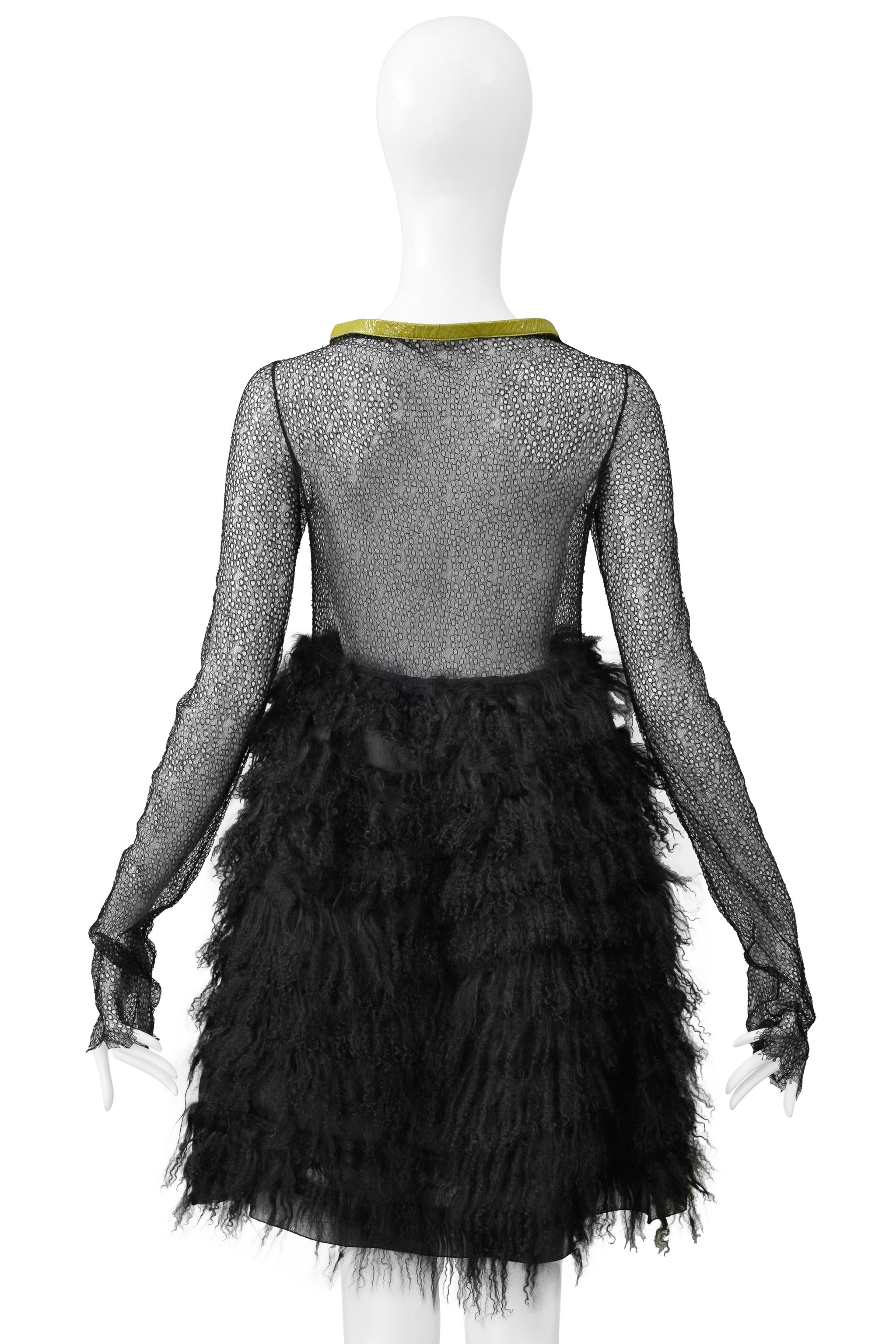 Junko Shimada Black Mesh & Shearling Mini Dress With Yellow Patent Trim Collar For Sale 3