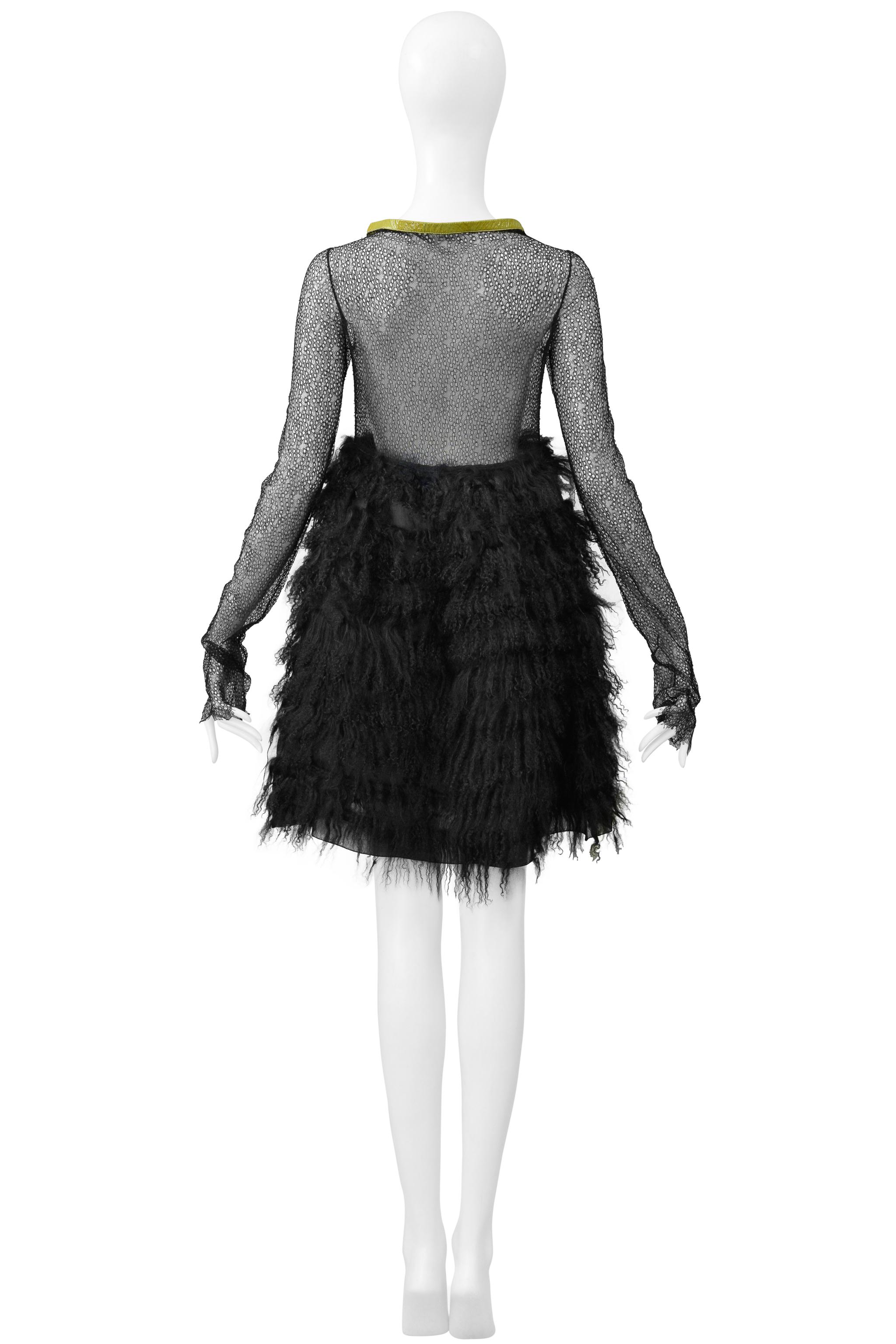 Junko Shimada Black Mesh & Shearling Mini Dress With Yellow Patent Trim Collar For Sale 4