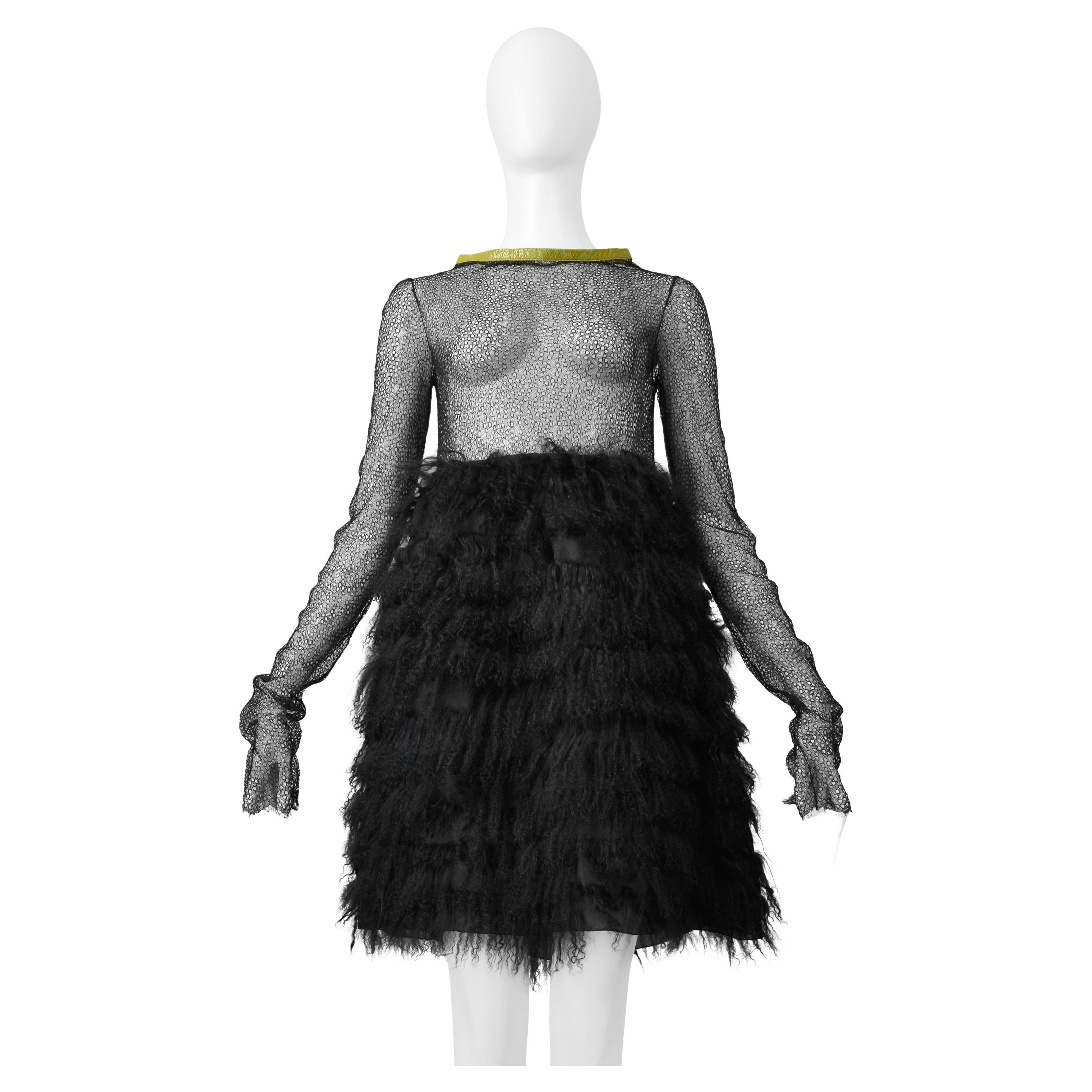 Junko Shimada Black Mesh & Shearling Mini Dress With Yellow Patent Trim Collar For Sale