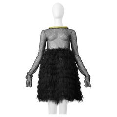 Junko Shimada Black Mesh & Shearling Mini Dress With Yellow Patent Trim Collar