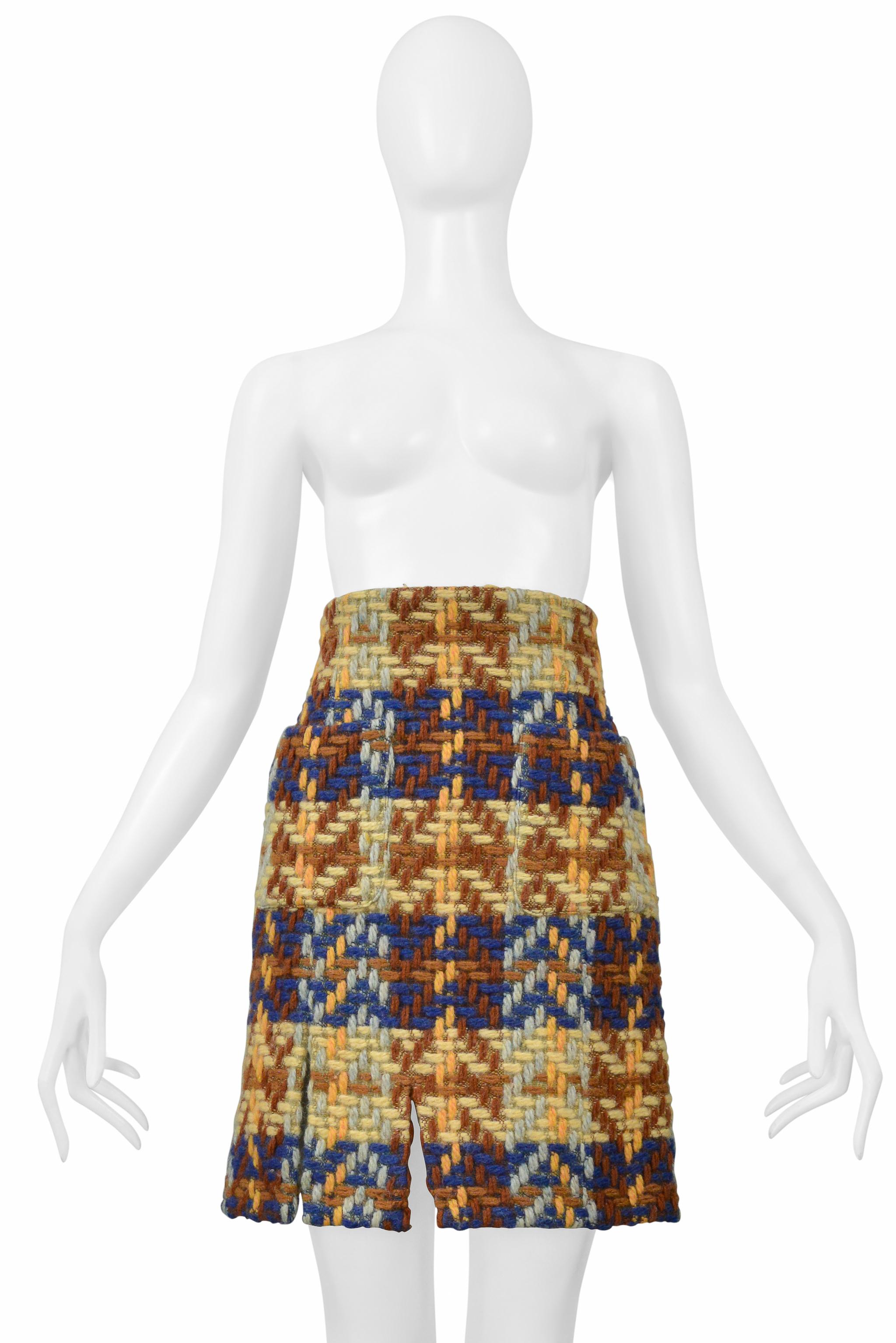 Junko Shimada Combinaison jupe en laine bleu, Brown, jaune Excellent état - En vente à Los Angeles, CA