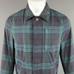 JUNMEN Size M Plaid Green & Navy Cotton Blend Hidden Buttons Coat