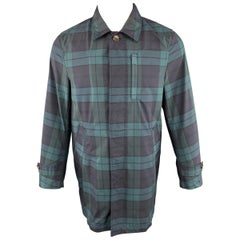 JUNMEN Size M Plaid Green & Navy Cotton Blend Hidden Buttons Coat