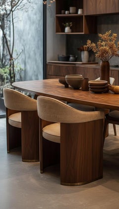 Junna Dining Chair by Nolita Harbour in Bouclé Upholstery with Walnut & Brass.