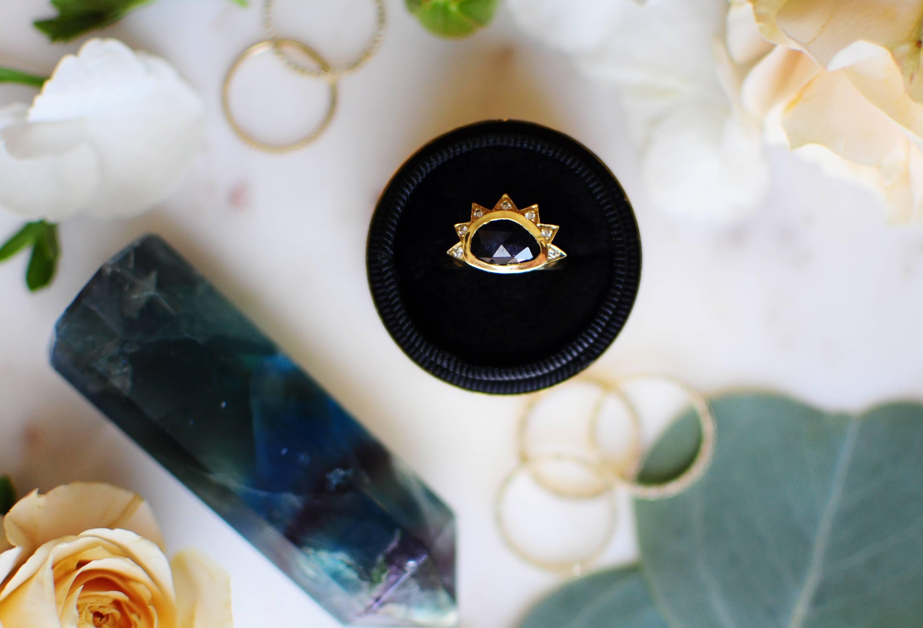 Rose Cut Juno 18 Karat Gold Rosecut Sapphire and VS+ Diamond Ring For Sale