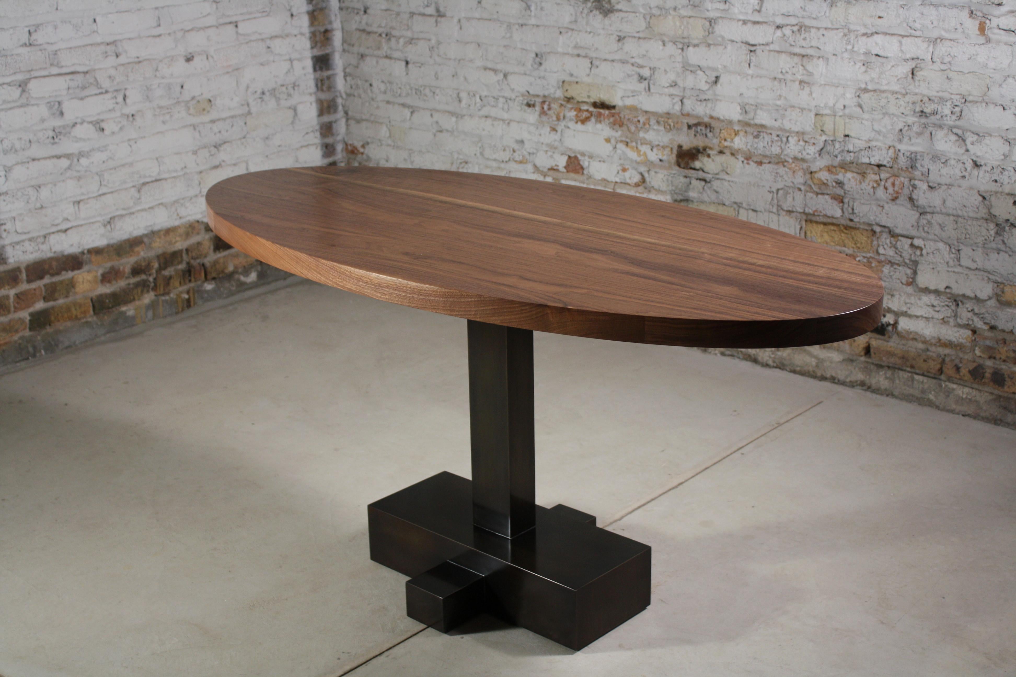 American Juno Customizable Oval Pedestal Table in Blackened Steel and Walnut by Laylo For Sale