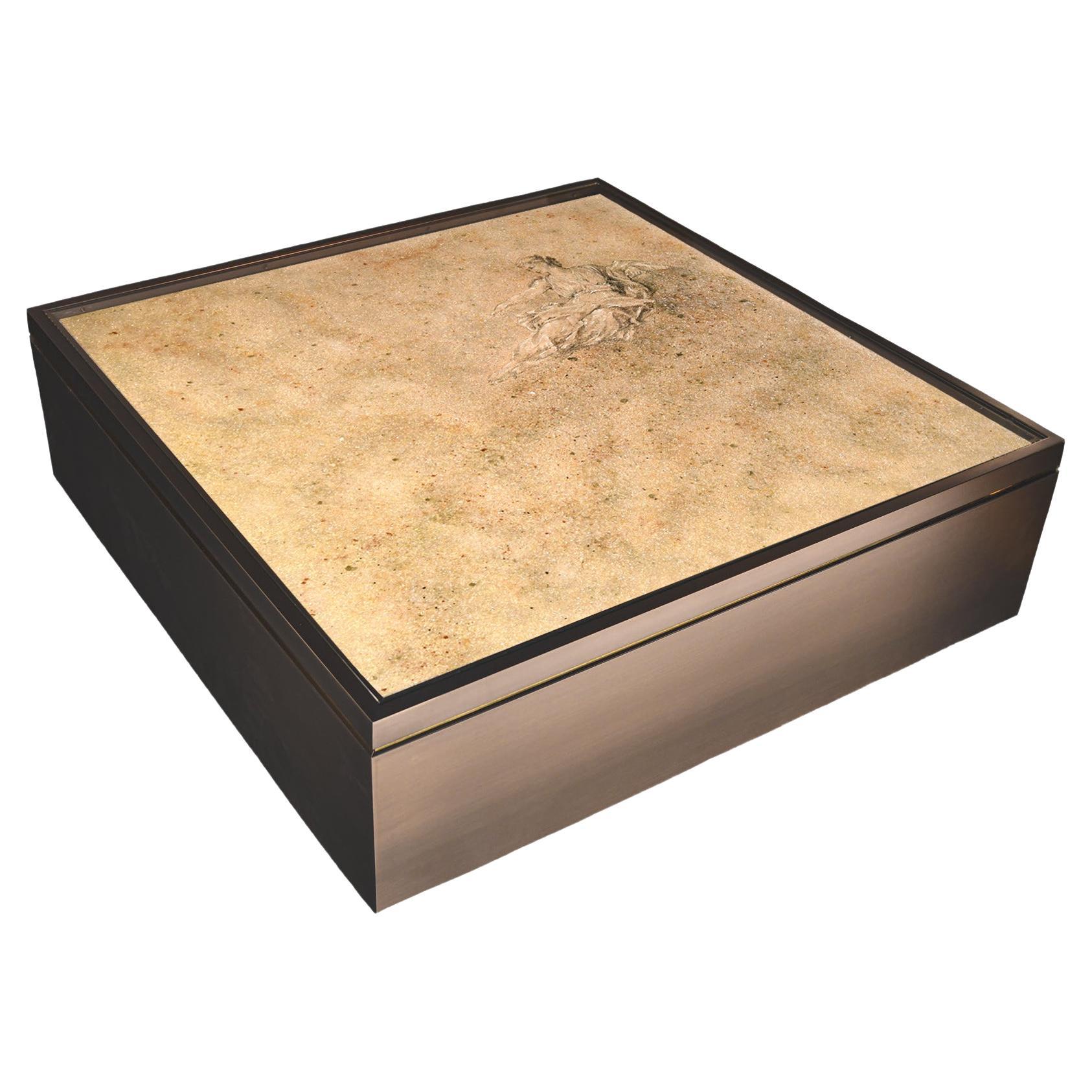 "Juno" Glass Topped Coffee Table with Base in Dark Brown Brushed Brass Base For Sale