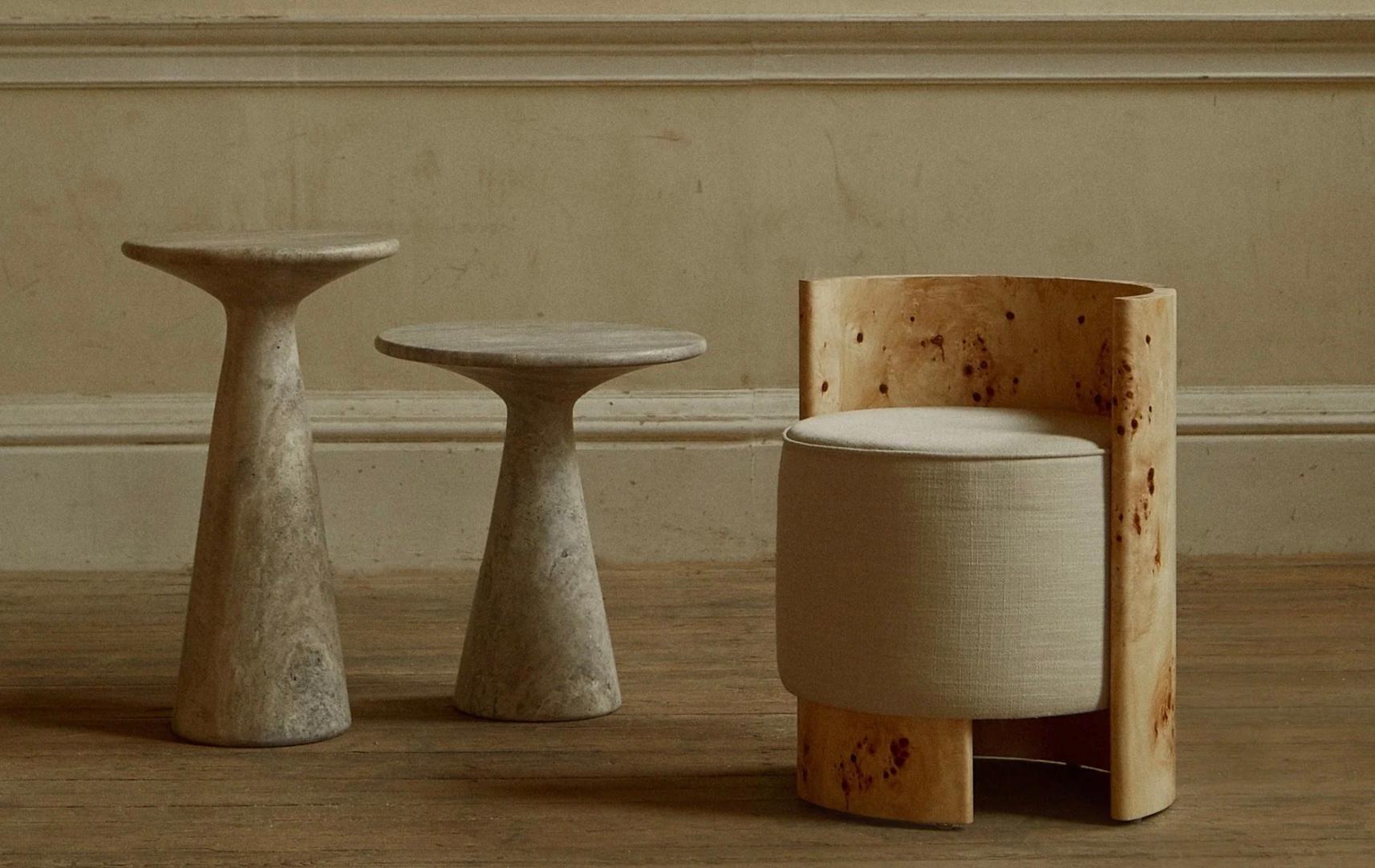 European Juno Tall Travertine Side Table For Sale