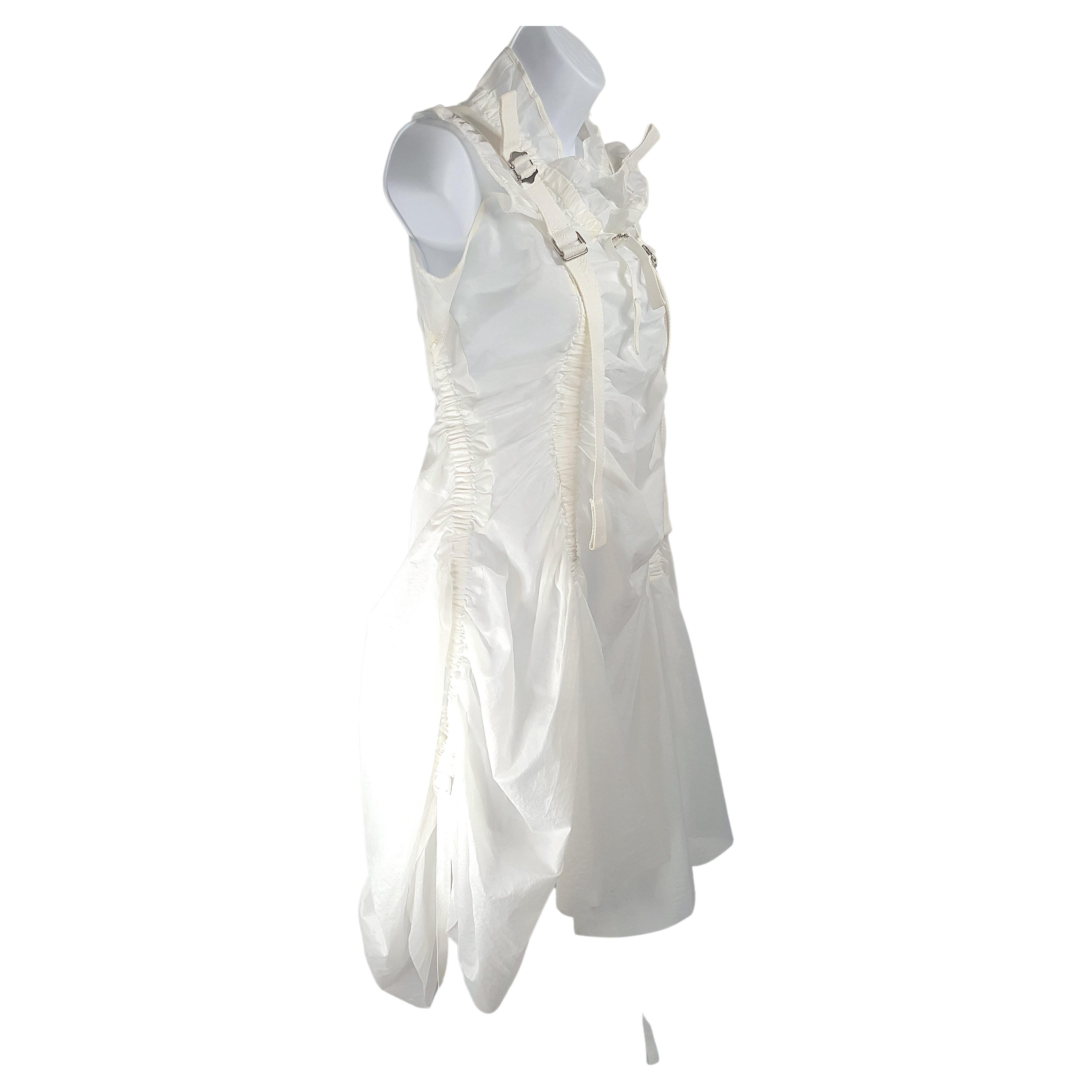 Junya Wantanabe made this inimitable white ruched floaty sleeveless semi-transparent dress with distinct parachute elements as 