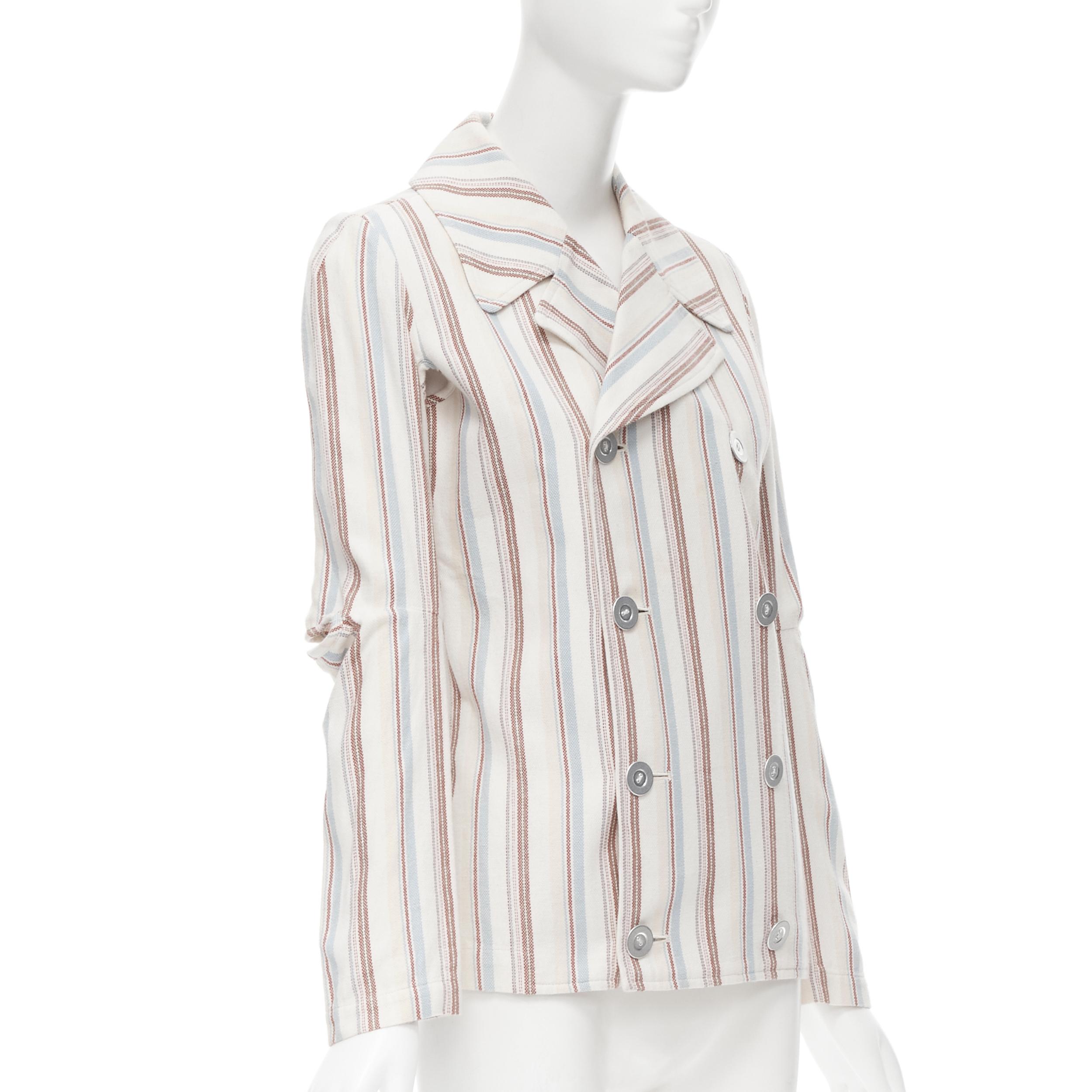 Beige JUNYA WATANABE 1995 beige stripe cotton cut out sleeve double breasted jacket S For Sale