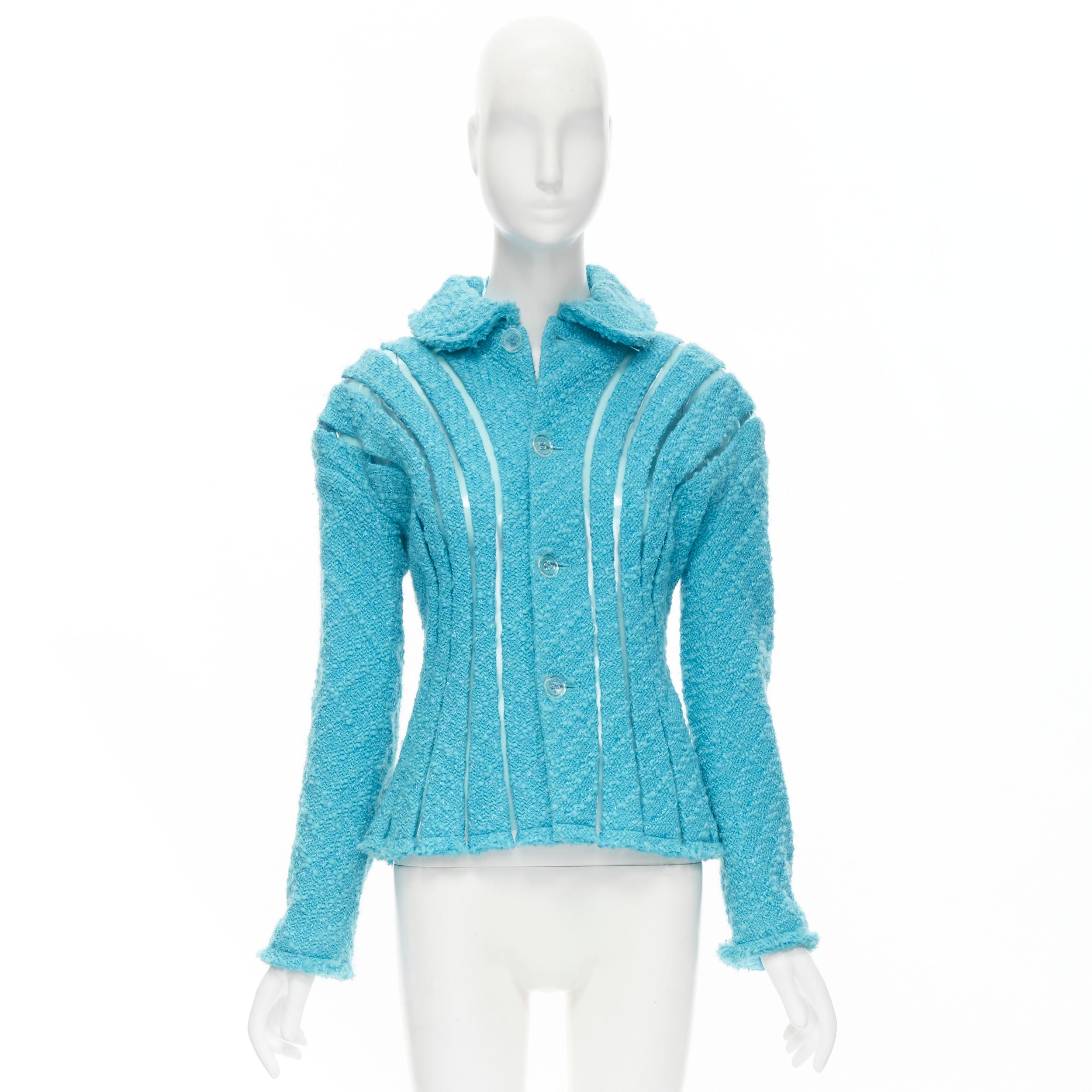 JUNYA WATANABE 2001 teal blue boucle tweed PVC trimmed space age jacket S For Sale 3