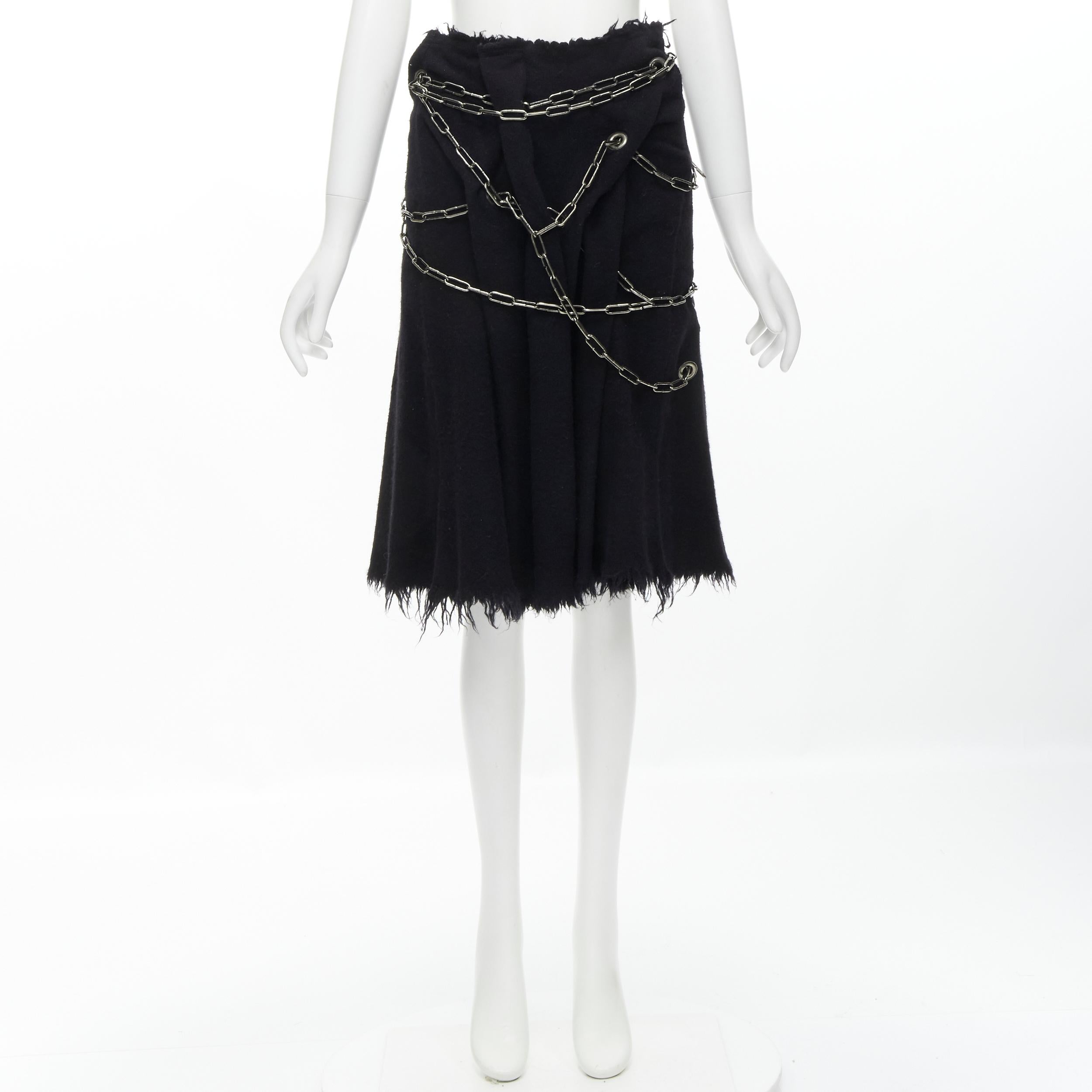 JUNYA WATANABE 2003 black boiled wool frayed edge silver punk chain midi  skirt S