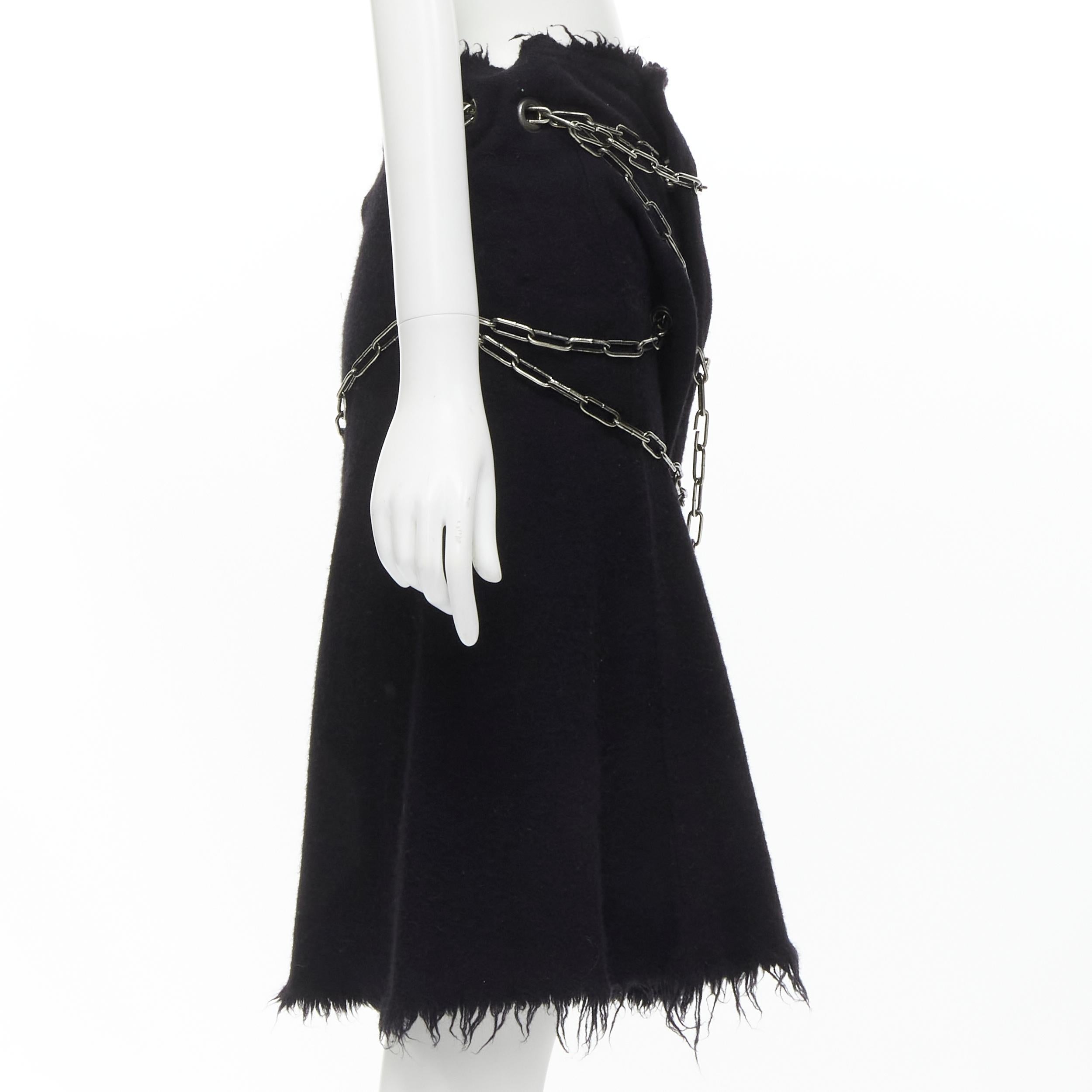 JUNYA WATANABE 2003 black boiled wool frayed edge silver punk chain midi skirt S In Good Condition For Sale In Hong Kong, NT