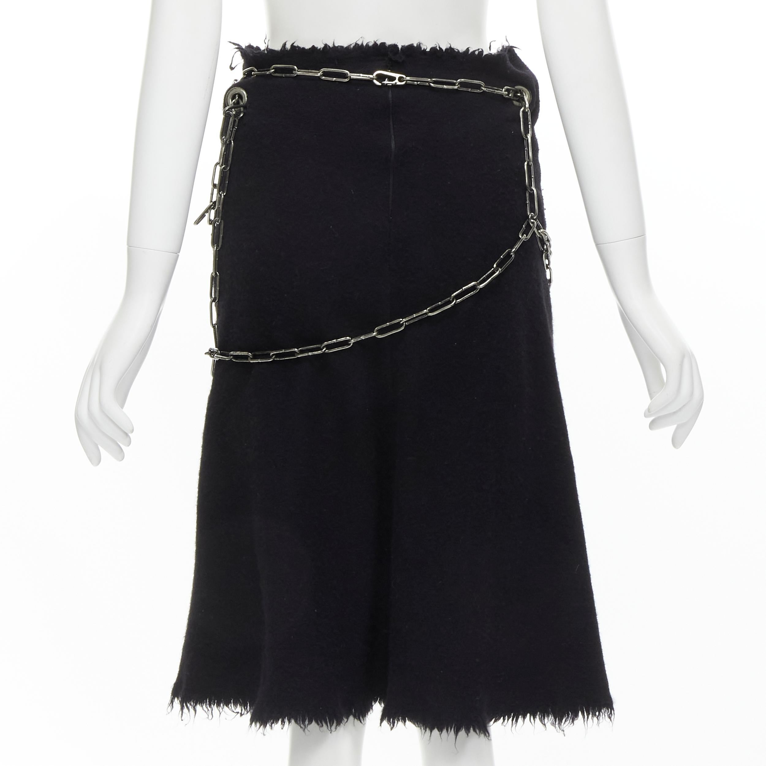 Women's JUNYA WATANABE 2003 black boiled wool frayed edge silver punk chain midi skirt S For Sale