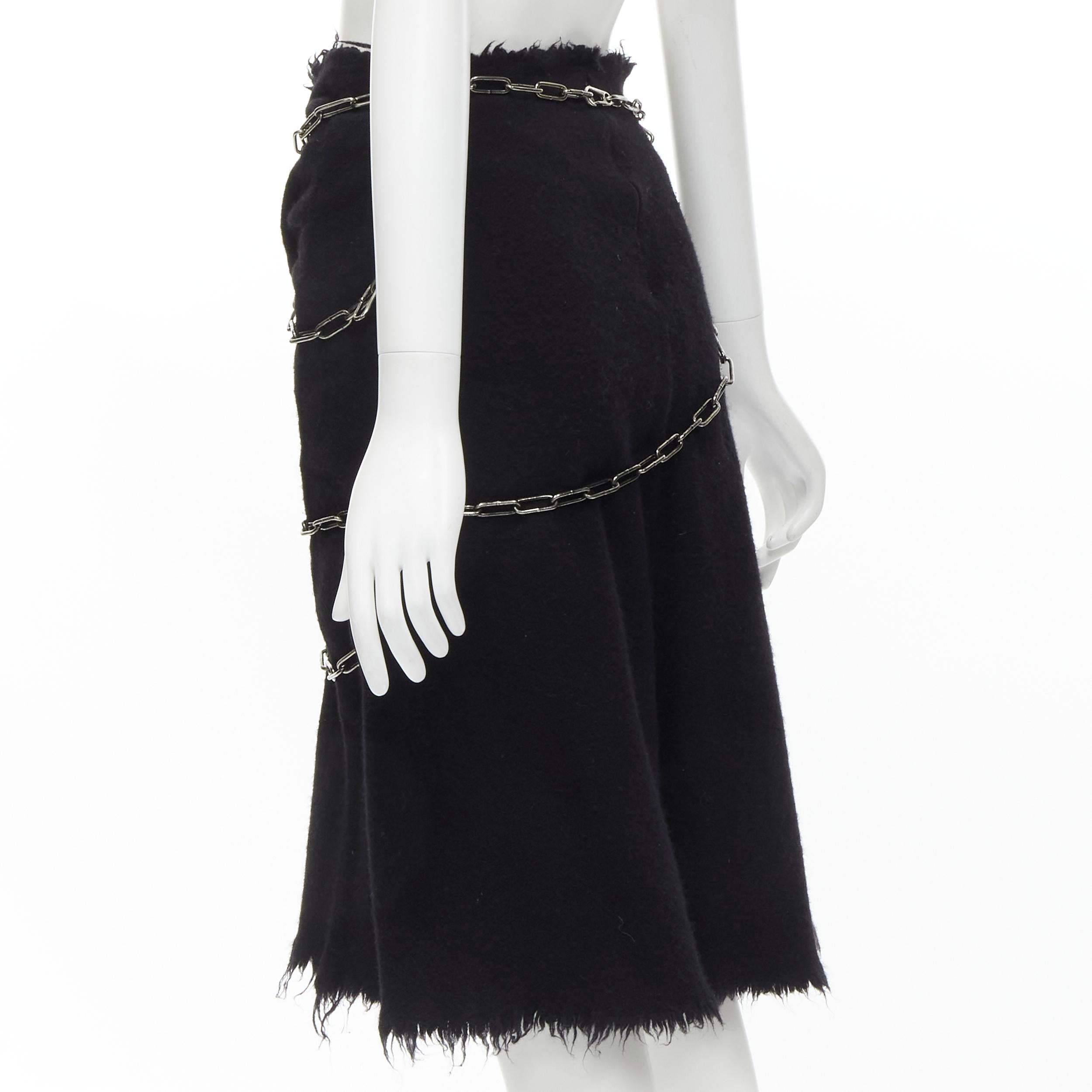 JUNYA WATANABE 2003 black boiled wool frayed edge silver punk chain midi skirt S For Sale 1