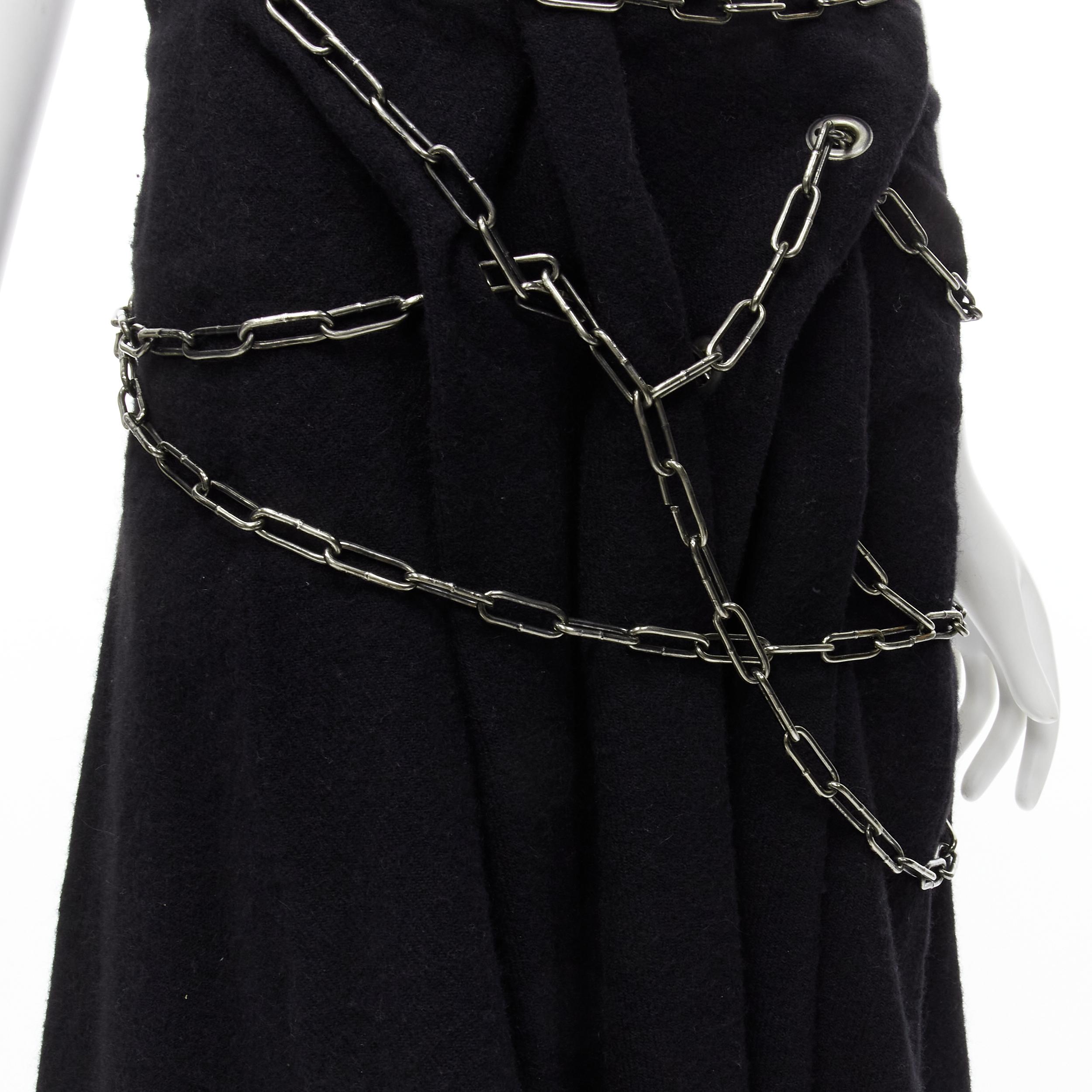 JUNYA WATANABE 2003 black boiled wool frayed edge silver punk chain midi skirt S For Sale 2