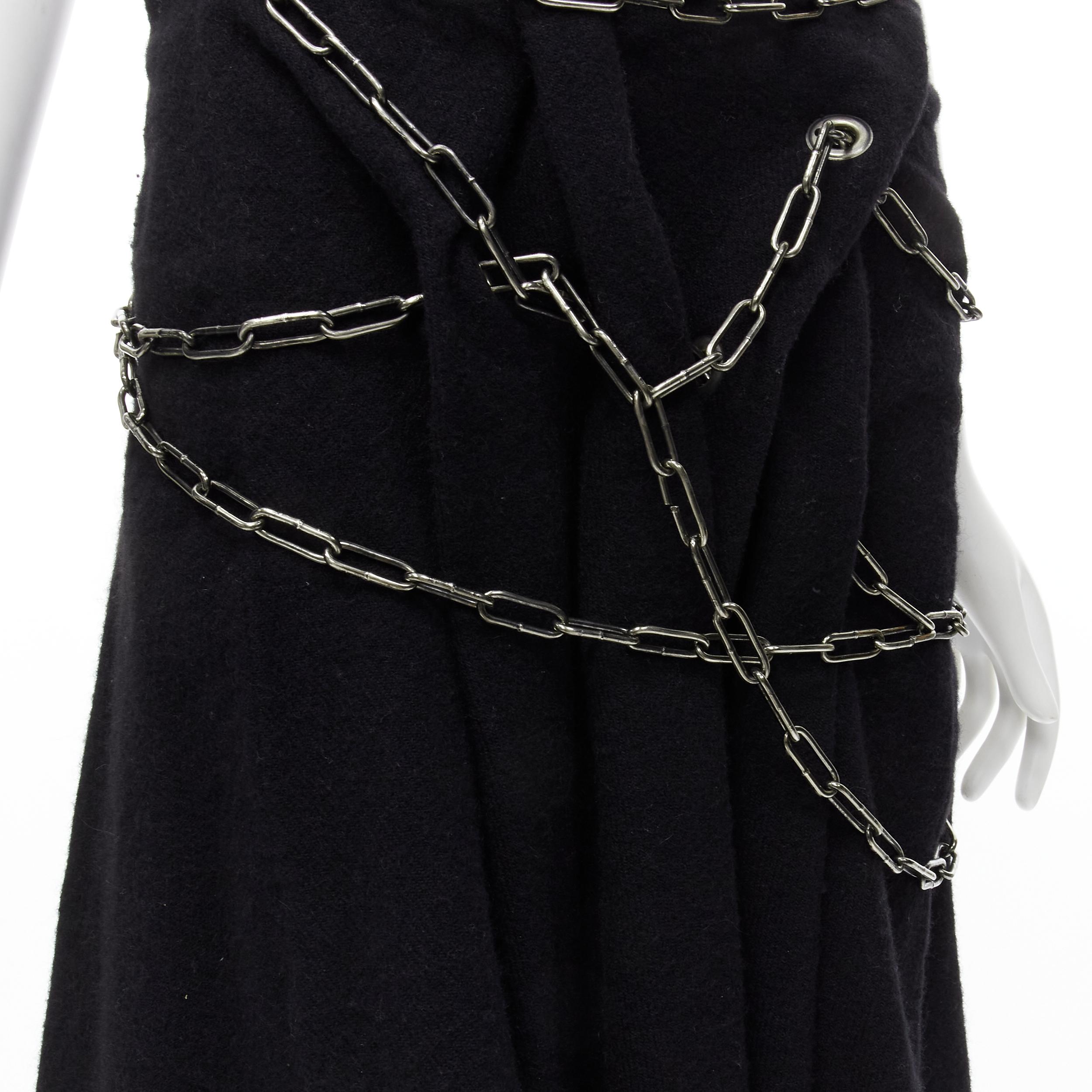 JUNYA WATANABE 2003 black boiled wool frayed edge silver punk chain midi skirt S 2