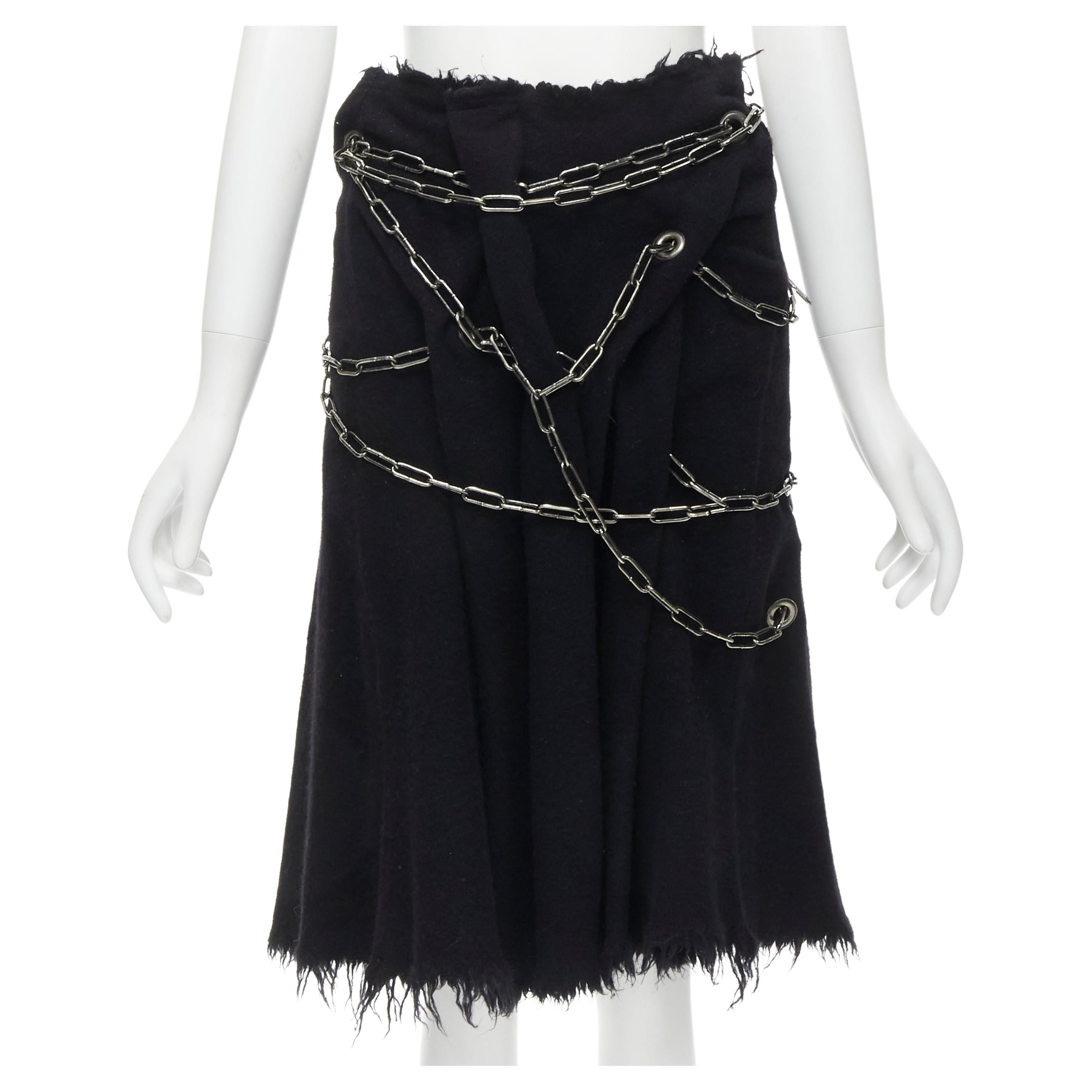JUNYA WATANABE 2003 black boiled wool frayed edge silver punk chain midi skirt S For Sale