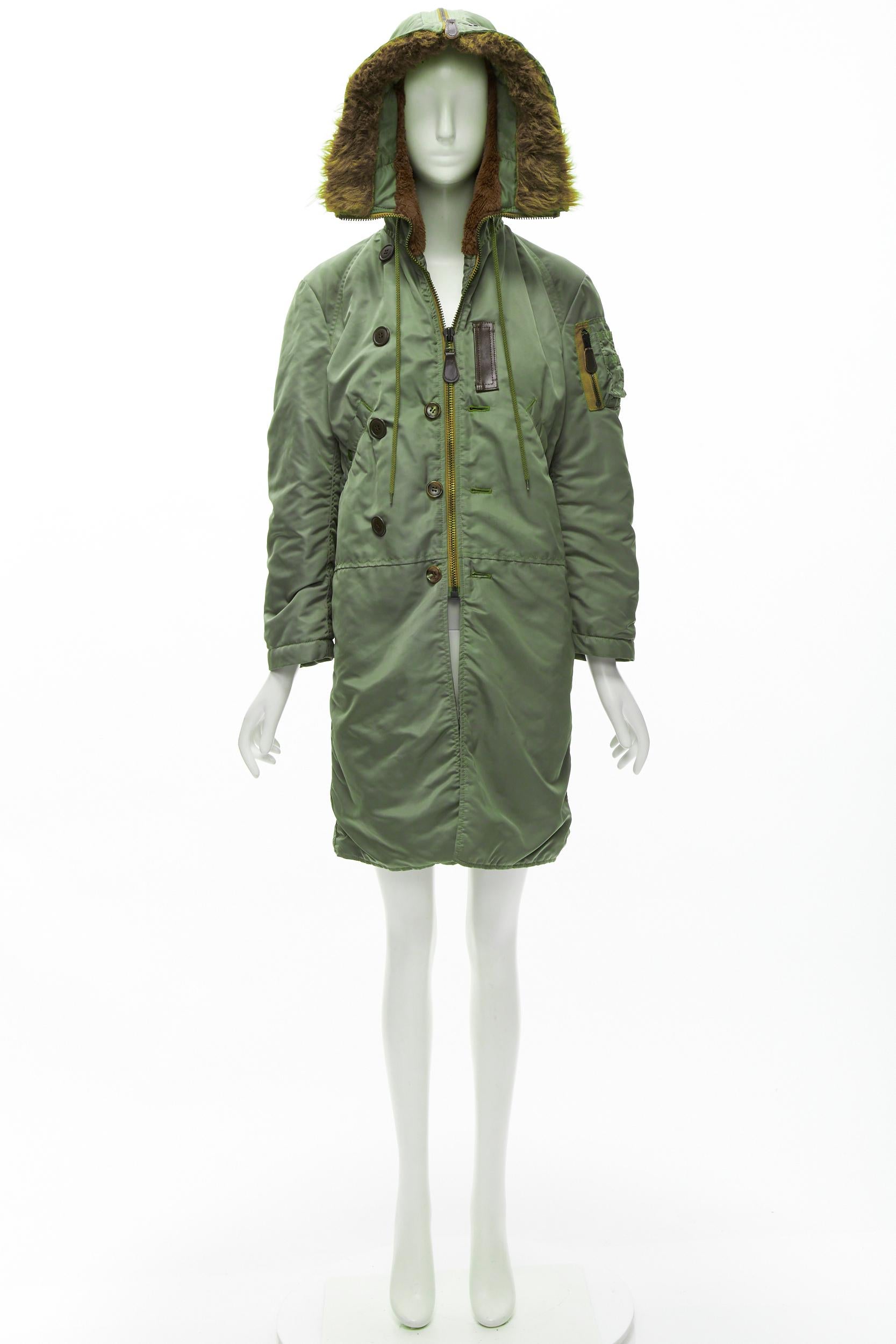 JUNYA WATANABE 2006 brown faux fur hood green padded safari army coat XS For Sale 7