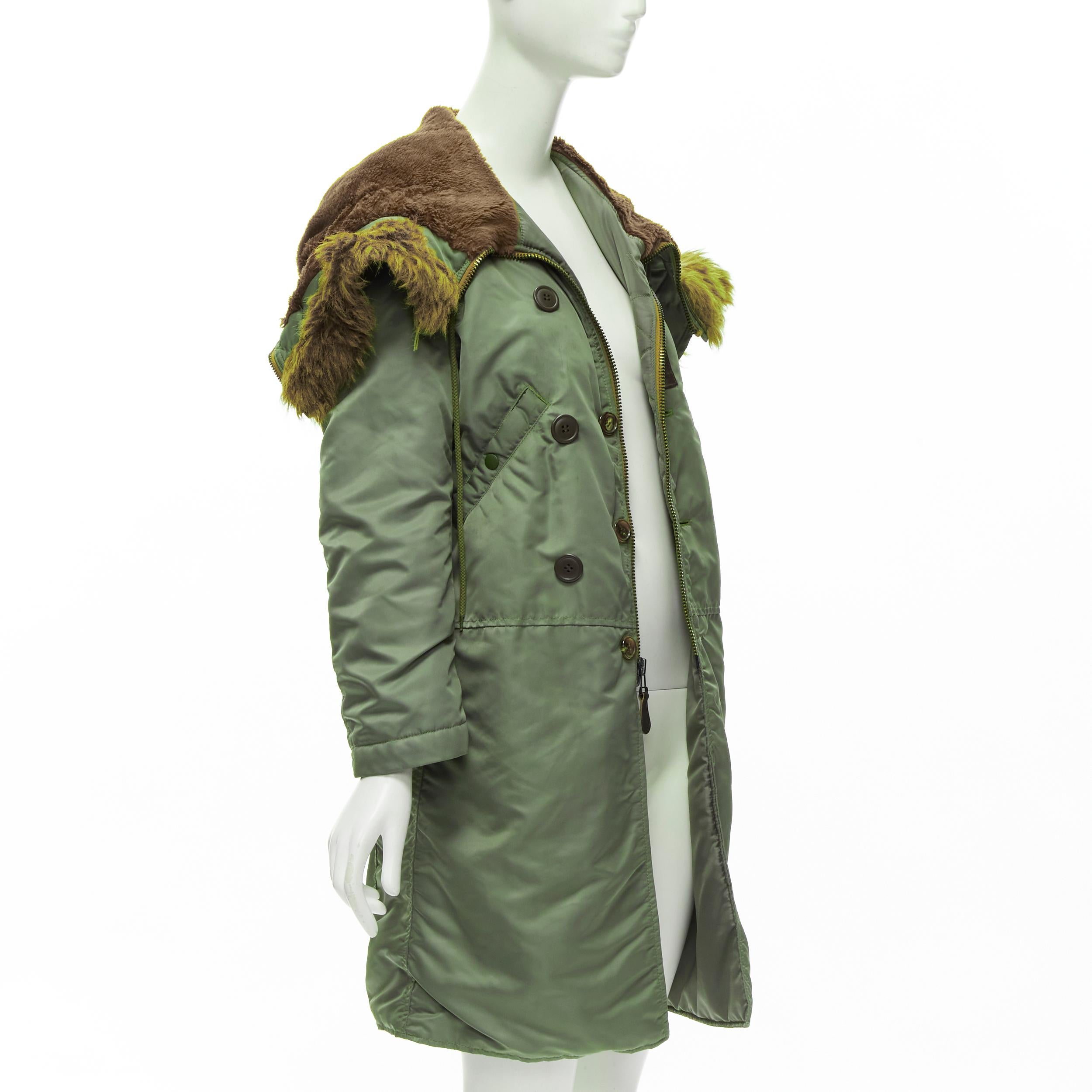 JUNYA WATANABE 2006 brown faux fur hood green padded safari army coat XS In Good Condition For Sale In Hong Kong, NT
