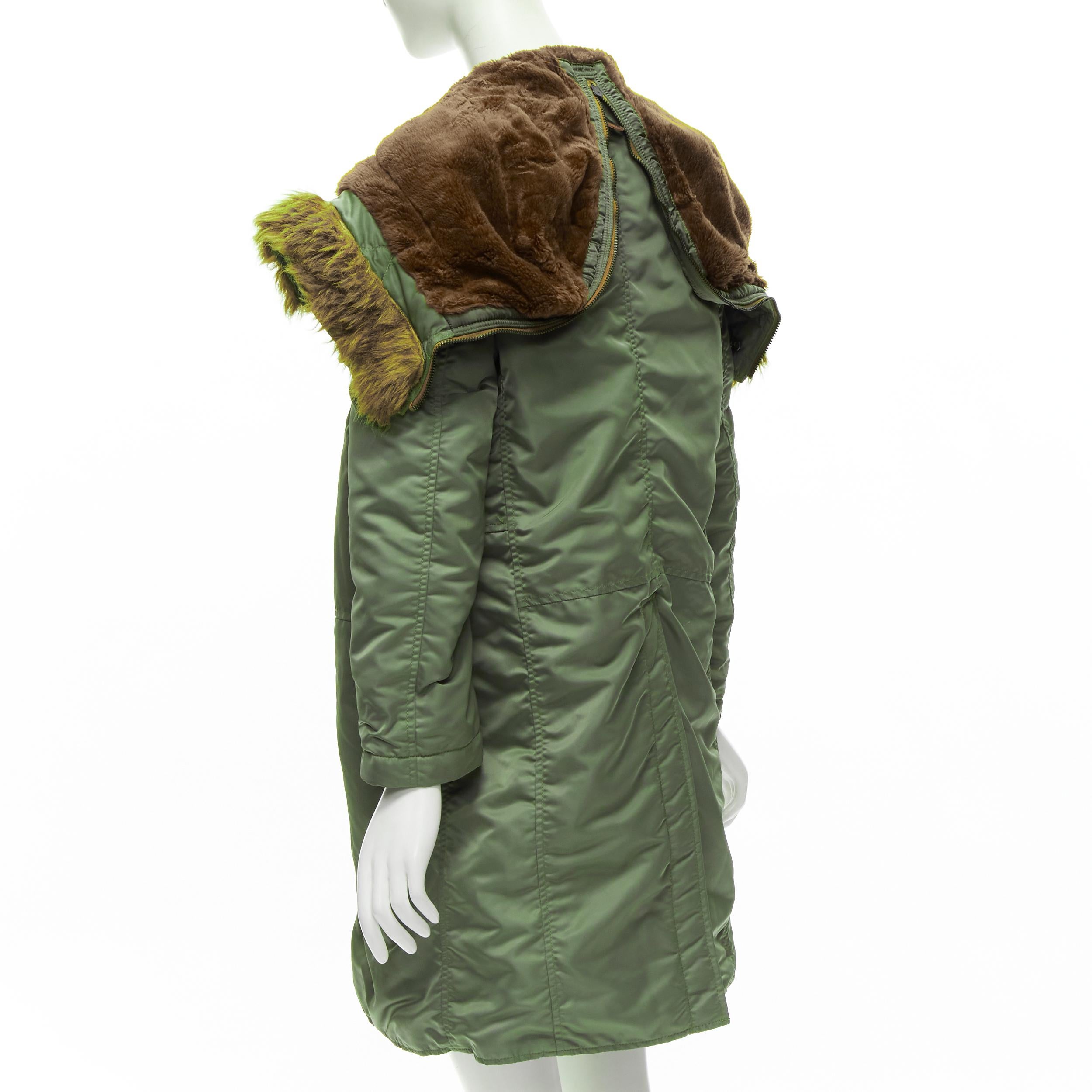 JUNYA WATANABE 2006 brown faux fur hood green padded safari army coat XS For Sale 2