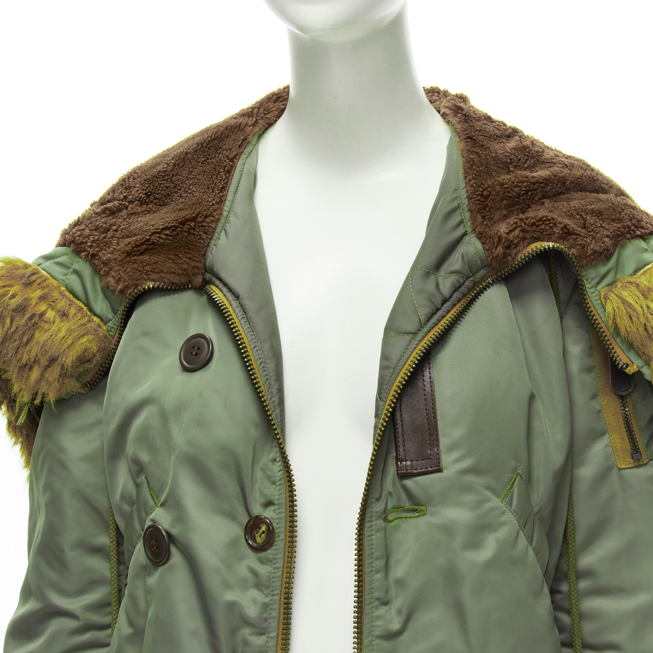 JUNYA WATANABE 2006 brown faux fur hood green padded safari army coat XS For Sale 3