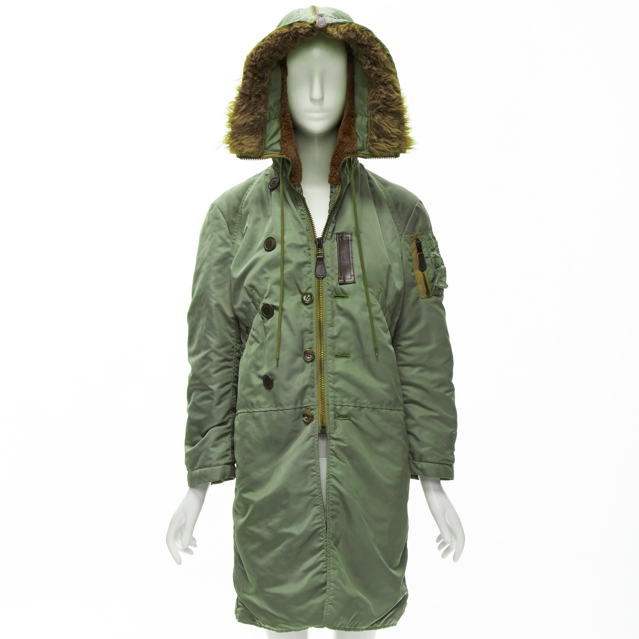 JUNYA WATANABE 2006 brown faux fur hood green padded safari army coat XS For Sale 5