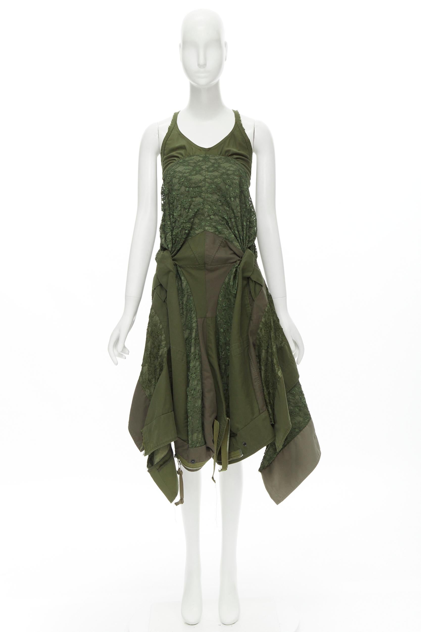 JUNYA WATANABE 2006 Runway military  green lace deconstructed dress XS 6
