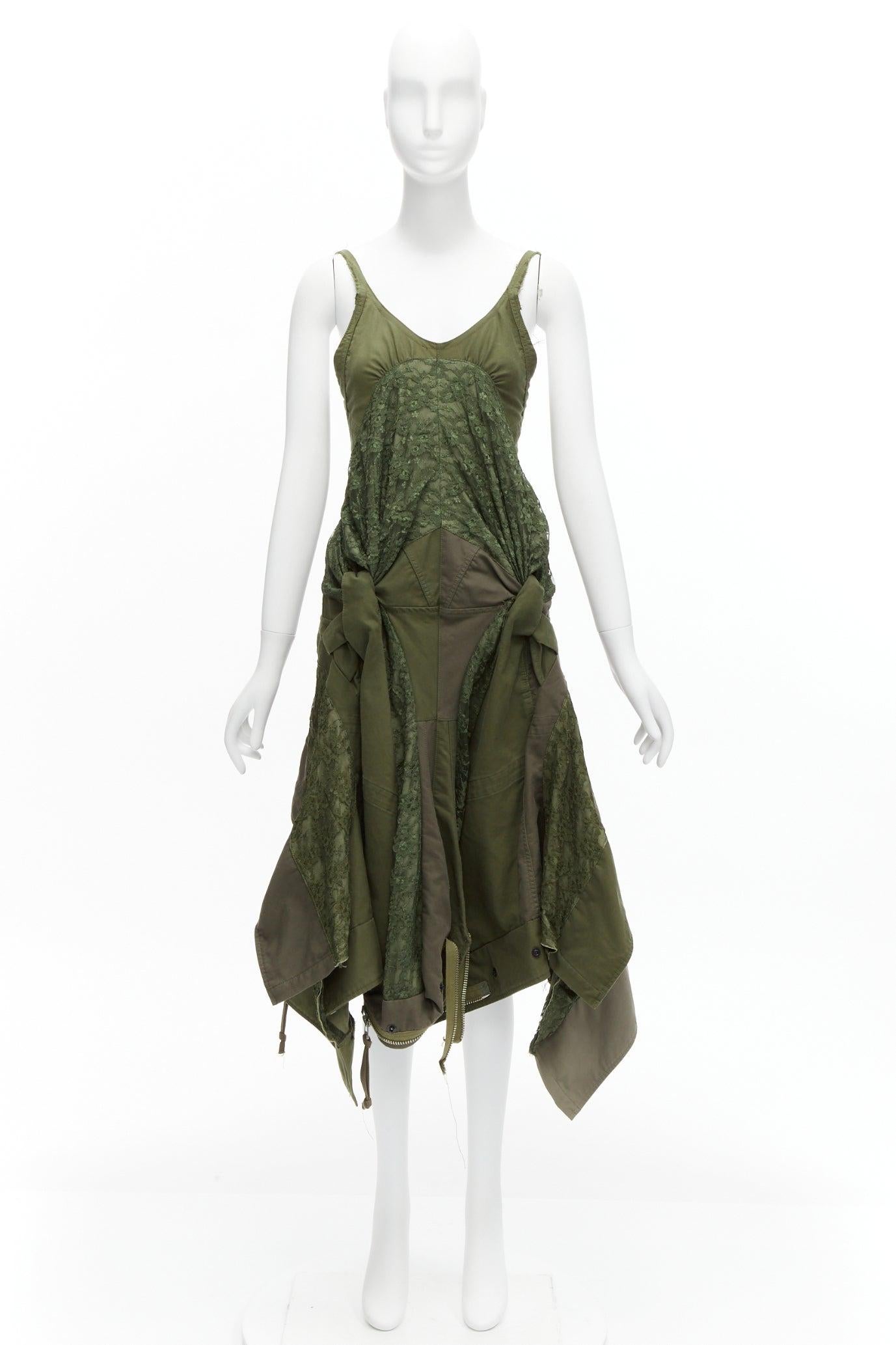 JUNYA WATANABE 2006 Runway military  green lace deconstructed dress XS 6