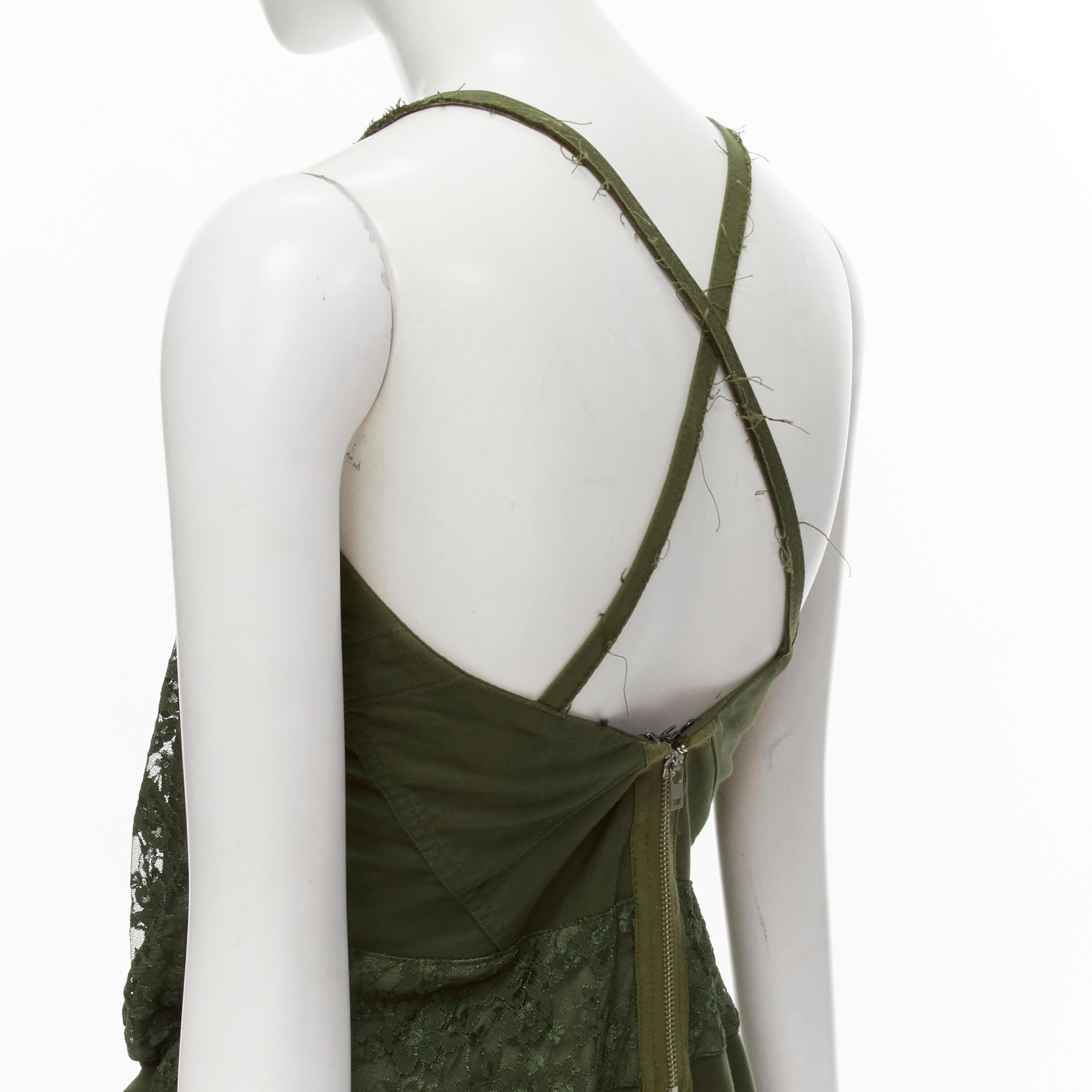 JUNYA WATANABE 2006 Runway military  green lace deconstructed dress XS 3