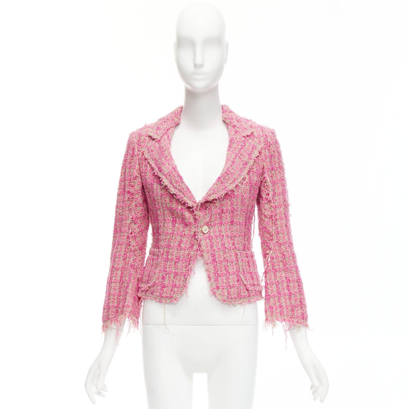 JUNYA WATANABE 2008 pink distressed tweed fitted cropped jacket S For Sale 5